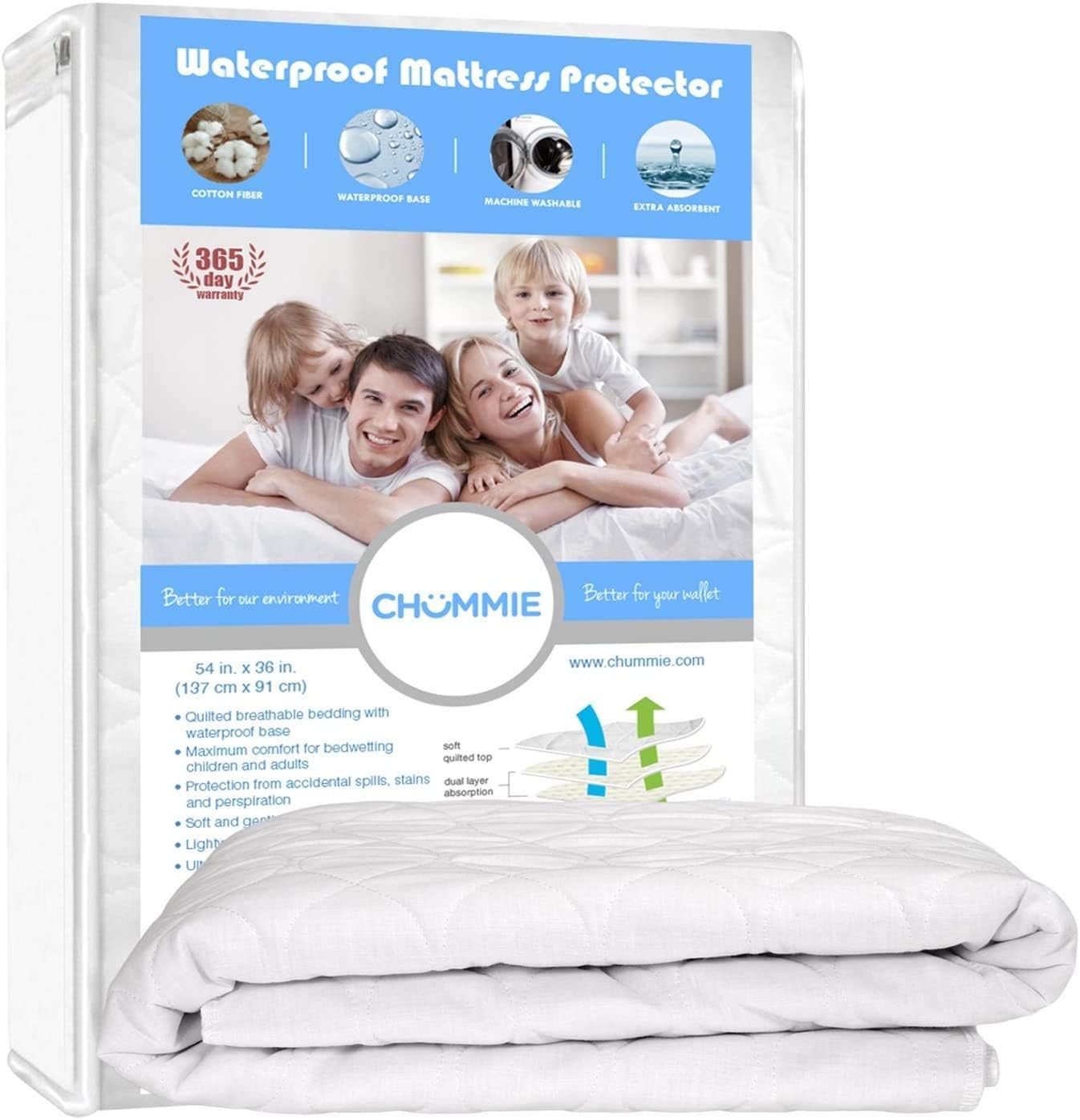 Chummie Deluxe Super Absorbent Bedwetting Incontinence Waterproof Mattress Sheet Protector 4 Layer Protection 6 Cup Absorption 34" x36”, 1 Count, Blue