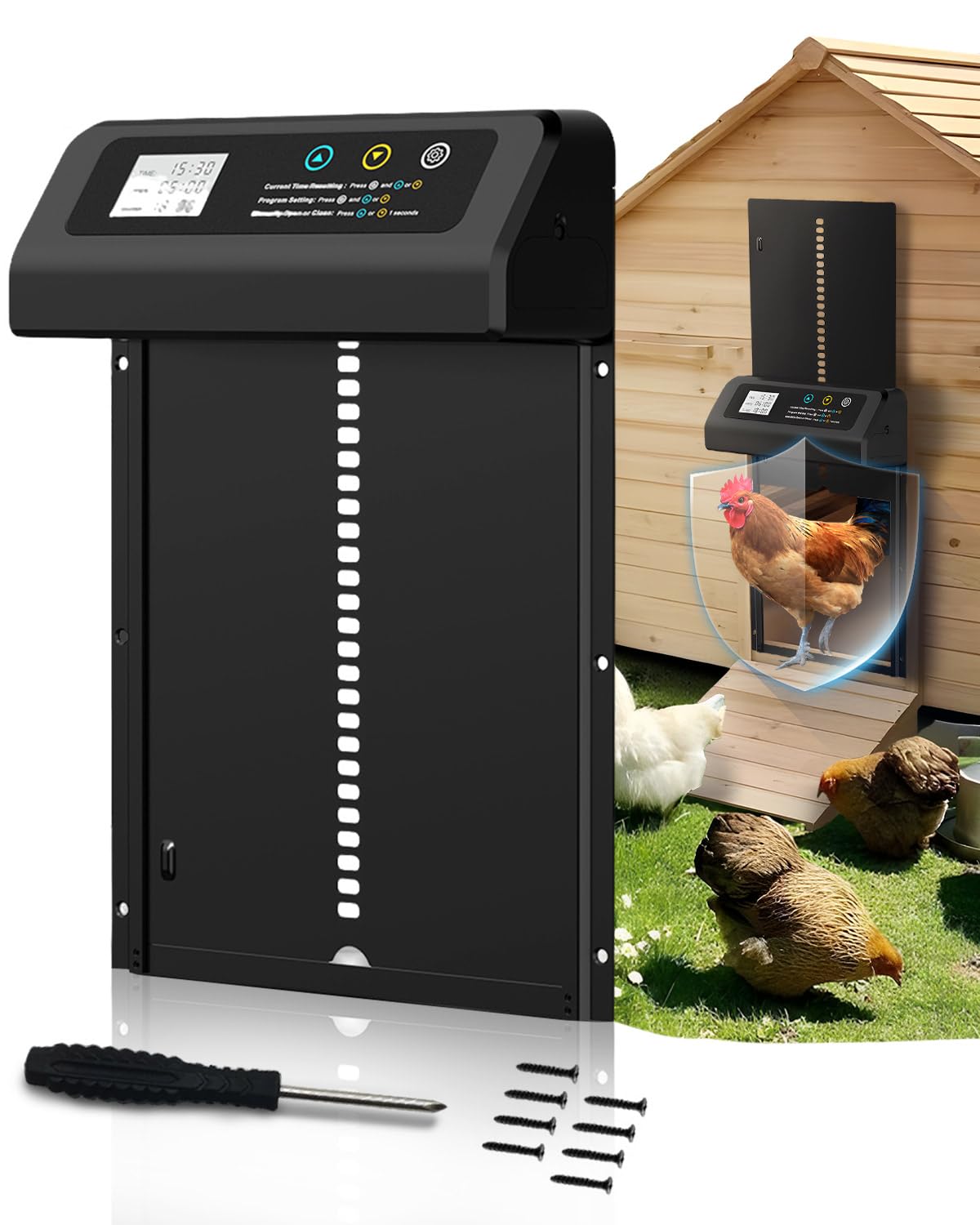 Lorrtta Porte Poulailler Automatique avec Écran LCD, Système Anti-Pincement, Résistant Aux Intempéries, Ouverture Verticale, Aluminium, IPX5, Installation en 3 Minutes, Petit Poulailler, Grande Ferme