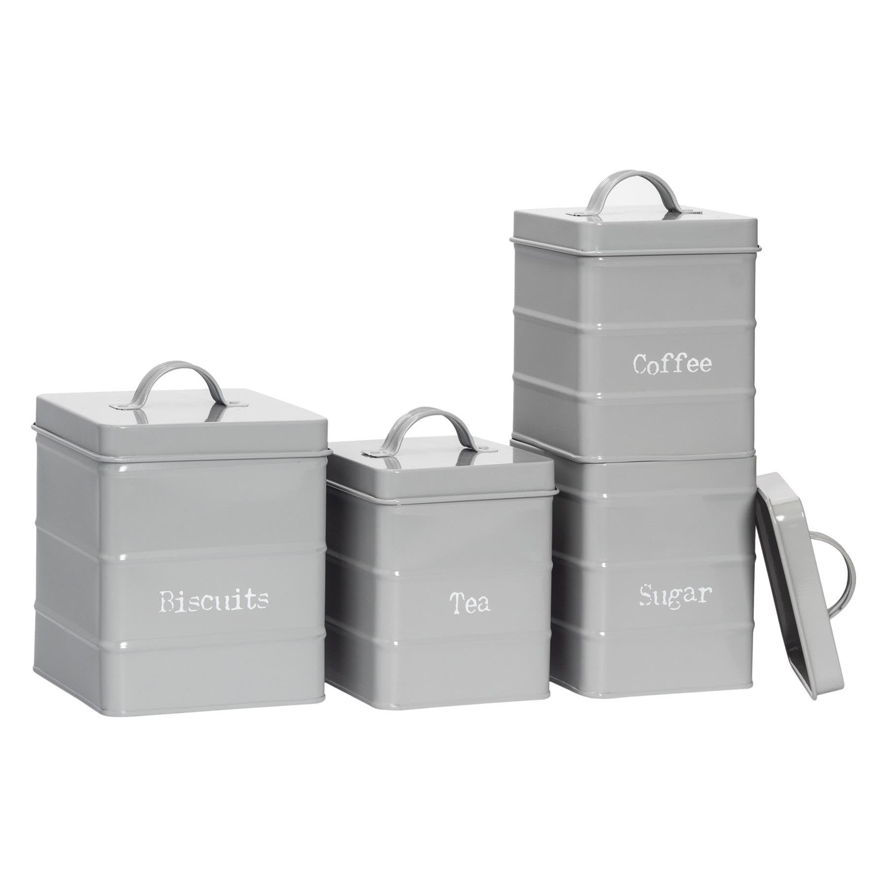 B&Q -  Metal Kitchen Canister SetGrey4Pc Vintage Retro Food Storage Canister Caddy Container Biscuit Tin