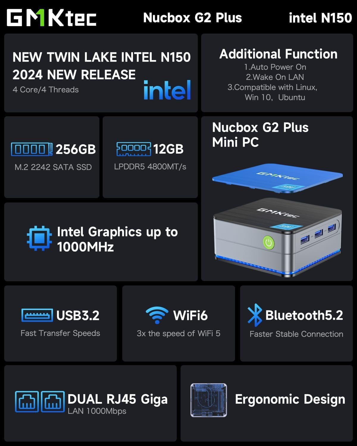 GMKtec Desktop Mini PC Intel N100 Windows 11 Pro 12GB DDR5 256GB