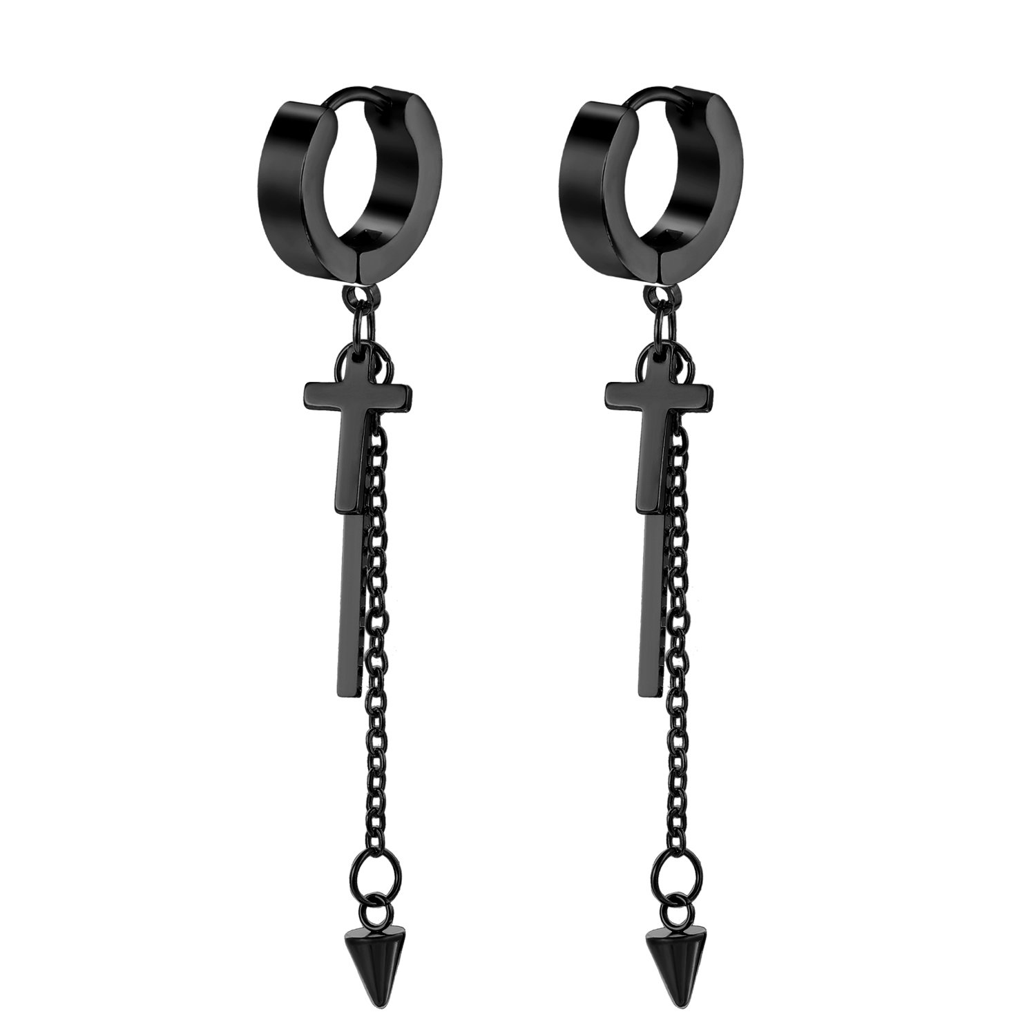 JewelryWe Pendientes de aro para hombre y mujer, con colgante de cruz de acero inoxidable, color plateado, dorado y negro Negro
