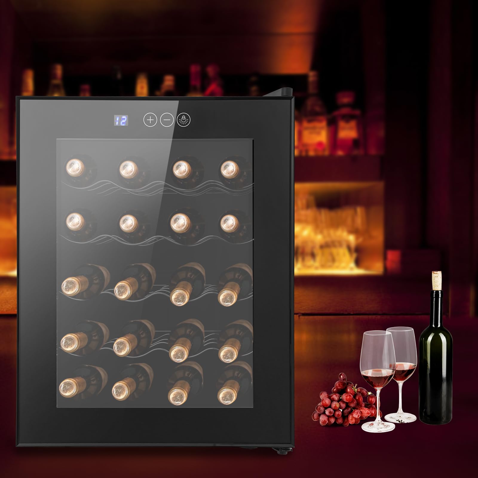 Nevera para vino, 20 botellas, 48 L, iluminación LED, enfriador de vino, pantalla táctil, puerta de cristal reforzada, vino independiente, rango de temperatura 12 – 18 °C, 50,2 x 40 x 53 cm