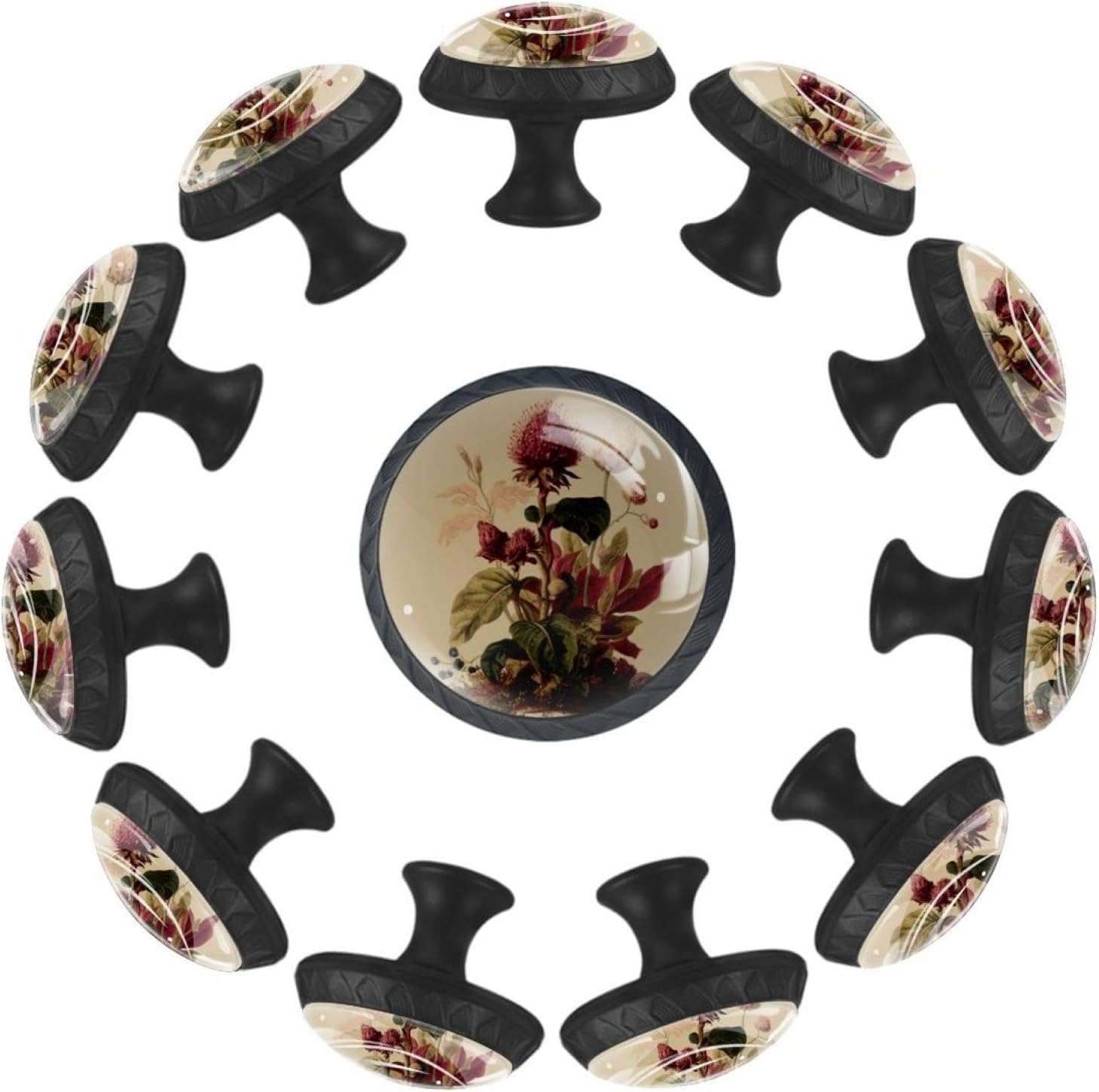 Black Vintage Plants Flower Glass Drawer Pulls, Decorative Knobs for Cabinet Dresser Wardrobe Wooden Furniture