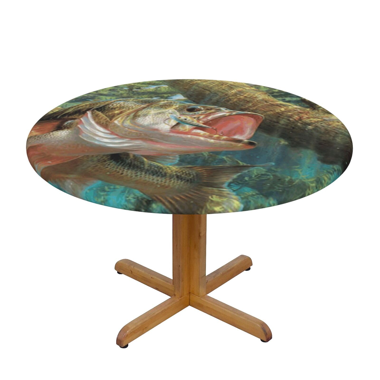 Ffshkowe Fish Elastic Round Tablecloth Oil Proof Table Cover For Dining Party Picnic