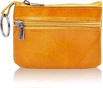 Women Genuine Leather Coin Pouch Zip Mini Purse Wallet Key Chain Double Zipper