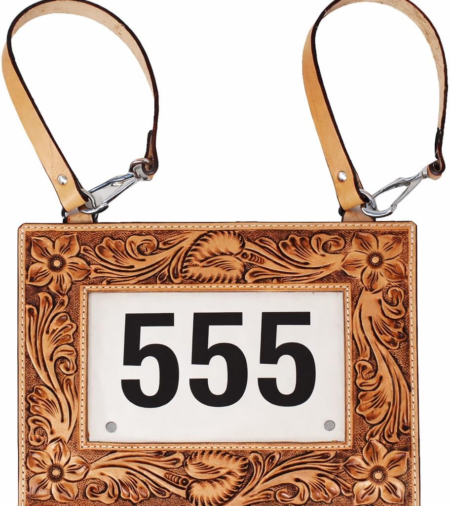 Set of 2 Handmade Floral Tooled Tan Leather Livestock Horse Show Exhibitor Number Holder 33RS01
