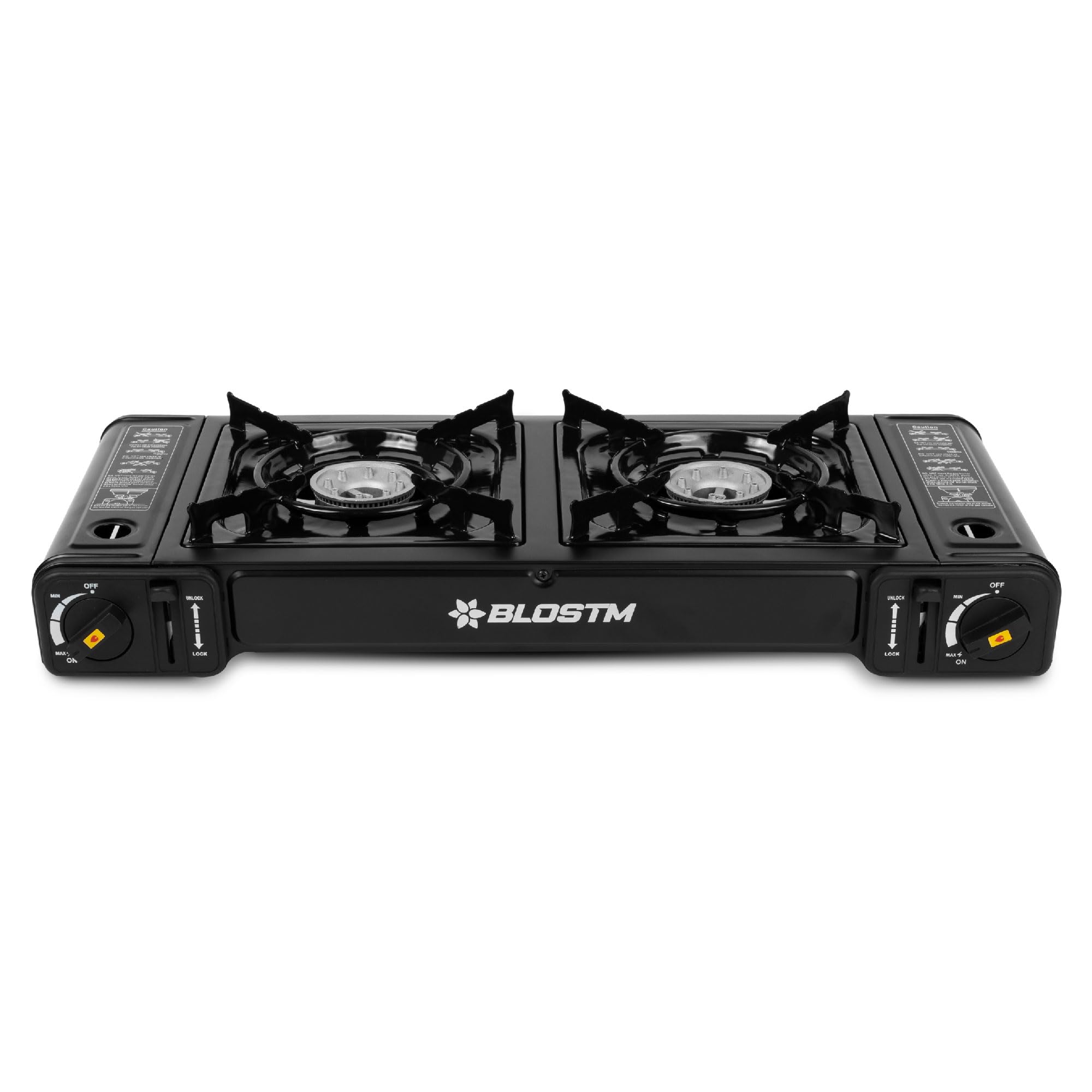 BLOSTM Fornello a Gas Portatile da Campeggio - Fornello da Campeggio a Doppio Bruciatore con Sistema di Accensione Automatica, Controllo della Temperatura - Uso con Gas Butano o GPL - Fornello da