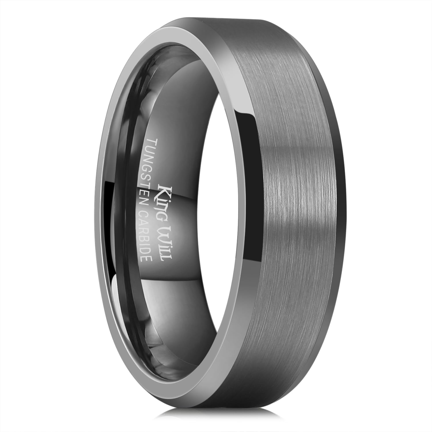 King Will Tungsten Men's Wedding Ring - Available in 6mm to 10mm, Black/Silver, Matte Finish, Beveled Polished Edge, Comfort Fit
