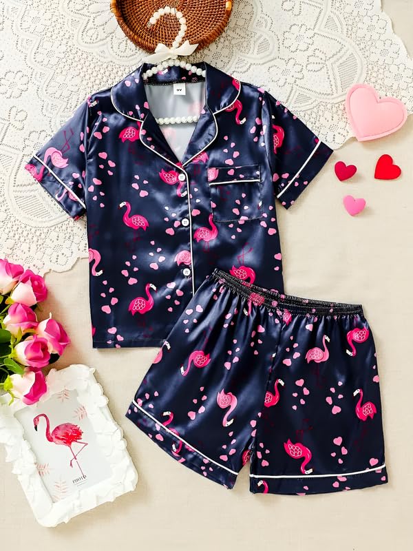 Image of Night Dress for Kids Girls, Button-Down Pajama Set Night Dress, Long Sleeve Top and Pants with Ruffle Trim, Textured Cotton Sleepwear for Lounging