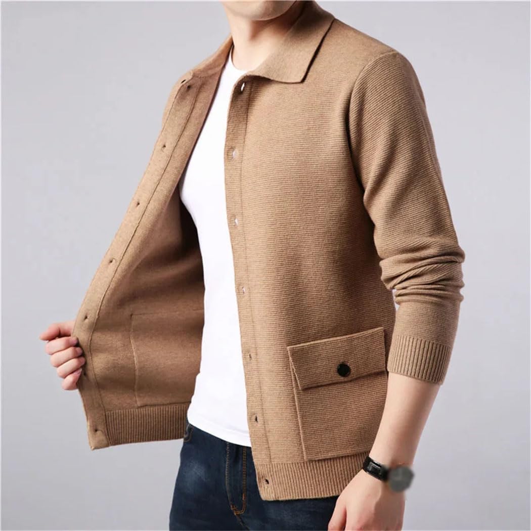 Men's Single-Breasted Lapel Knitted Sweater Winter Warm Soft Jacket Business Casual Gentleman Coat