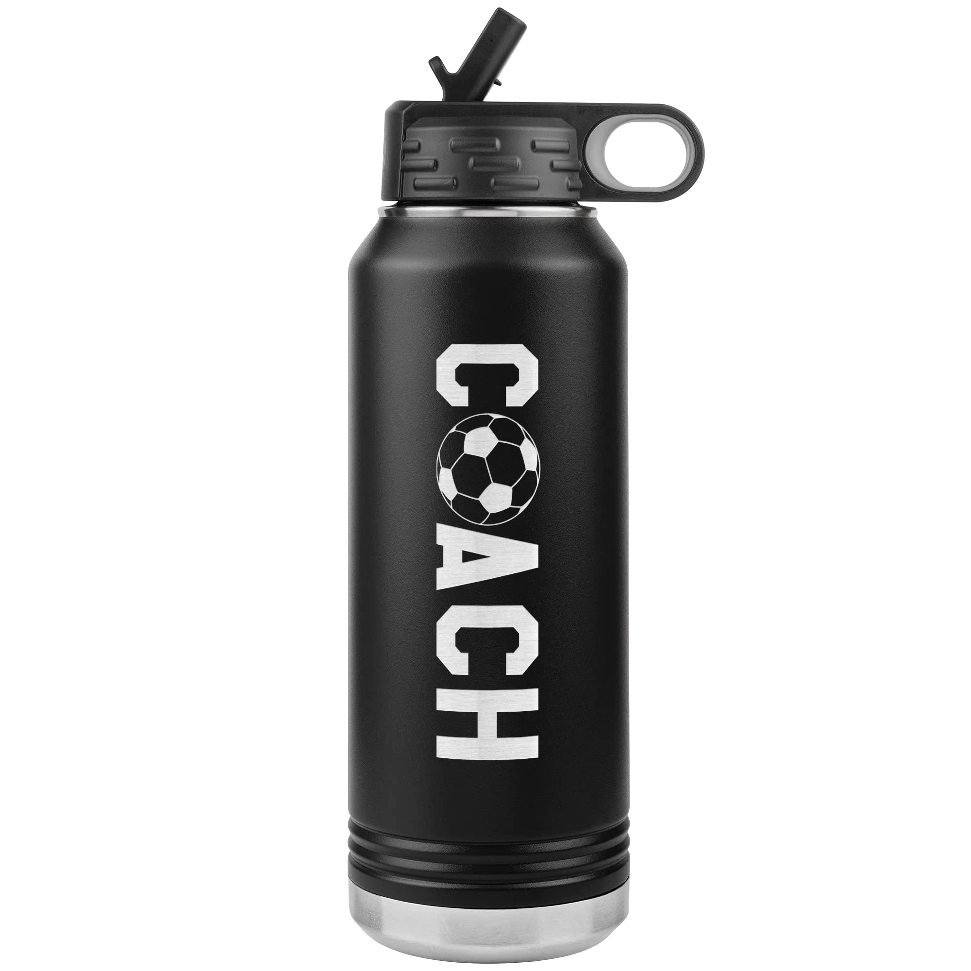 Soccer Coach Water Bottle - 32oz Insulated Engraved Stainless Steel Flip Top With Straw Soccer Coach Gift Black