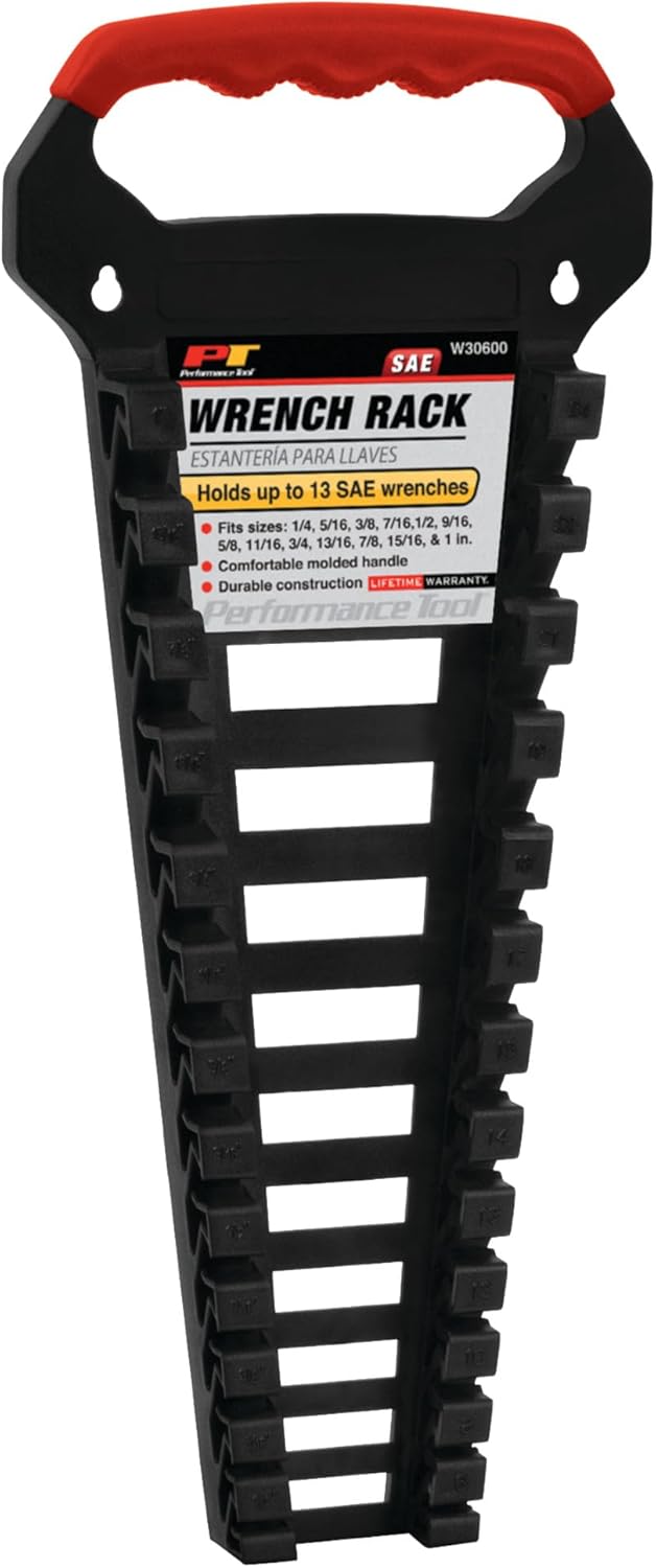 Performance Tool W30600 Impact Resistant SAE Wrench Organizer with Comfortable Handle - Fits 13 Wrench Sizes from 1/4 to 1-Inch