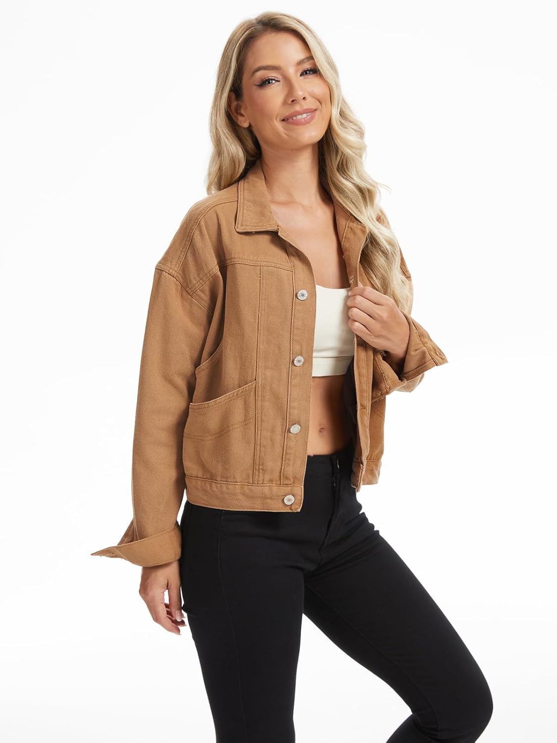 Metietila Womens Cropped Denim Jacket Oversized Button Down Jean Jacket Shacket Trucker Coat with Multi Pockets - Image 5