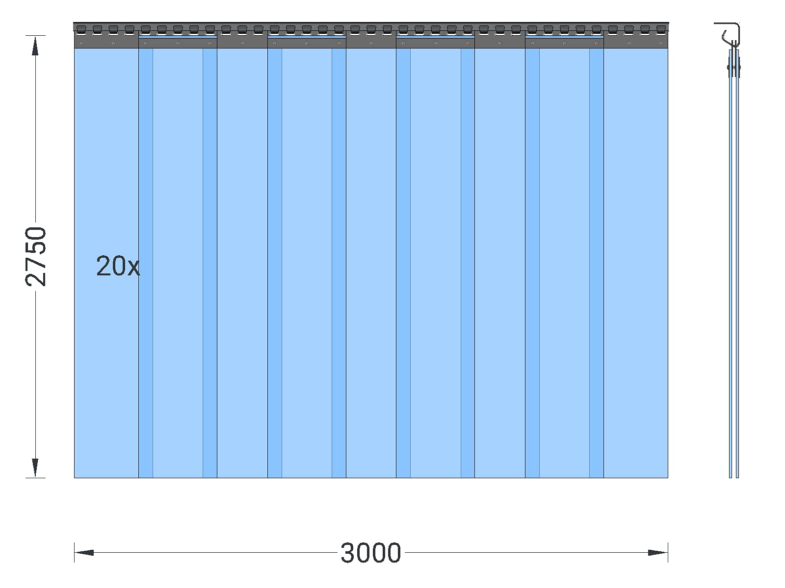 Zettl GmbH rideau à lanières en PVC zone de congélation résistant au froid température: +/-0,0°C à -25°C, lamelles 200x2mm transparent, hauteur 2,75m, largeur 3,00m (2,10m), acier inoxydable