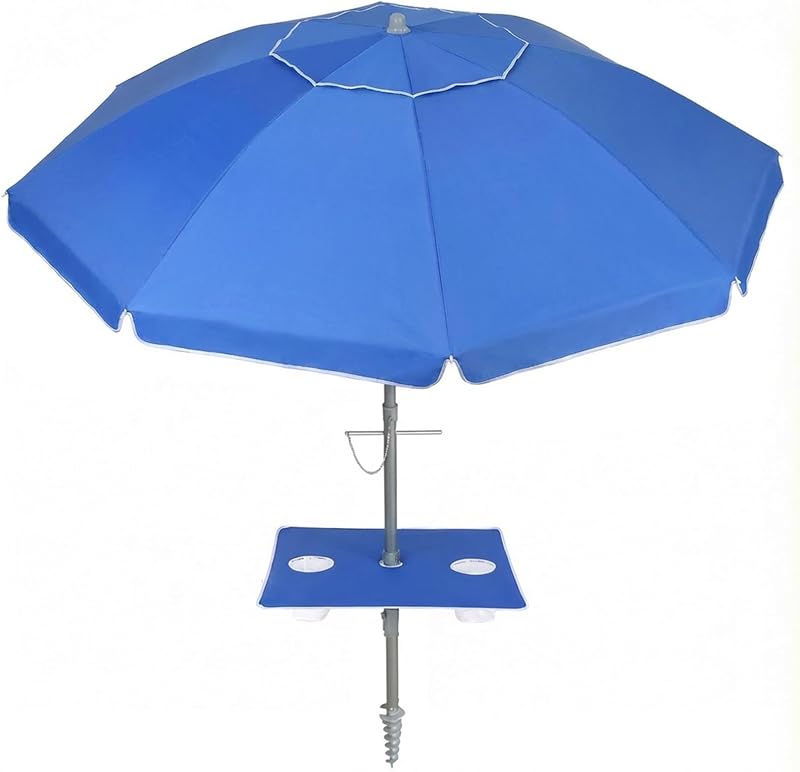 PASAMIC 7ft Beach Umbrella for Sand Featuring a 23'' Built-in Table with Sand Anchor & Tilt, UPF 50+ Protection Beach Umbrellas for Heavy Duty Wind Portable with Carry Bag and Hook, Dark Blue