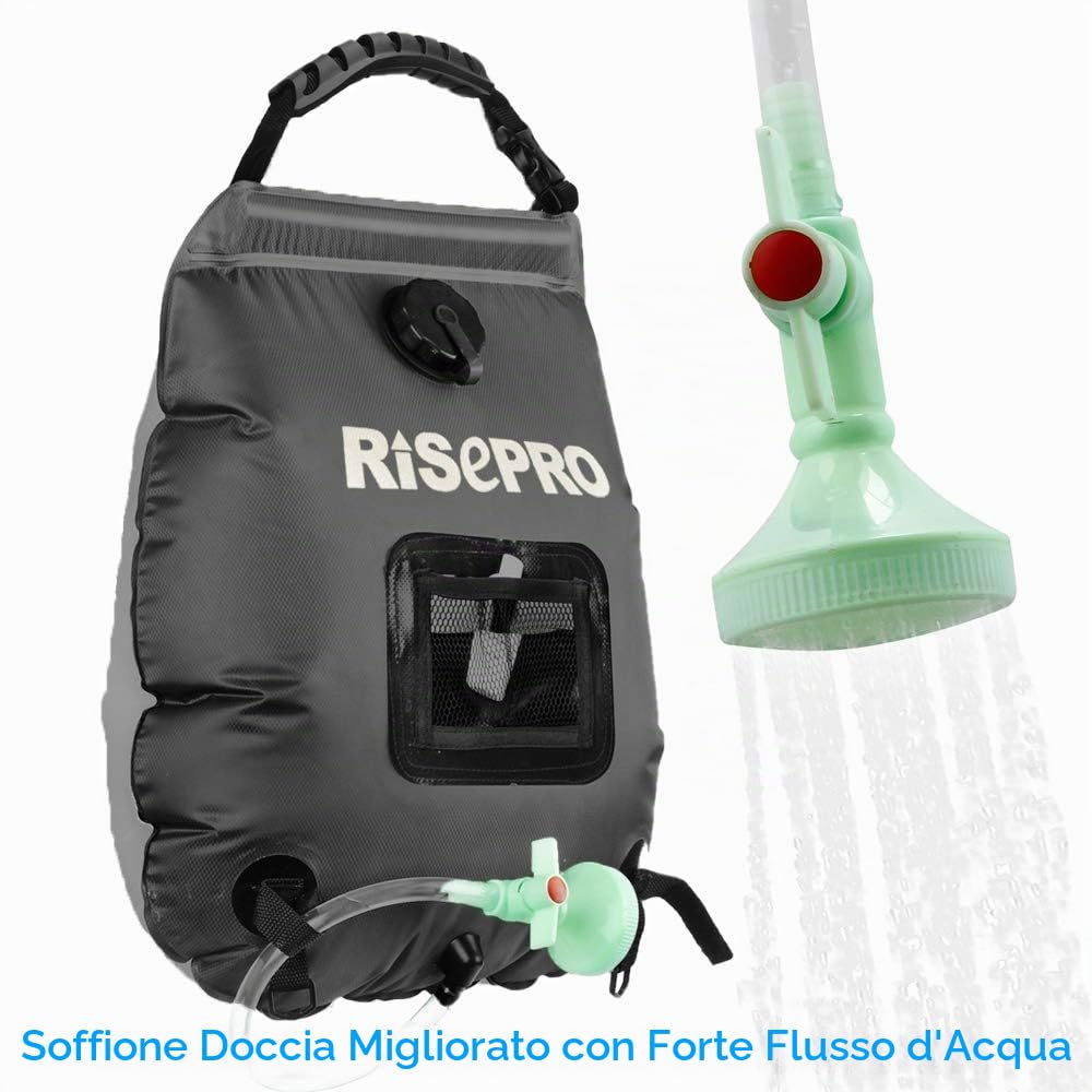 Borsa per Doccia Solare, 20 l, Borsa da Campeggio per Doccia con Acqua Calda ad Una Temperatura di 45 C; soffione Rimovibile, Flessibile, on/off Adatto per Campeggio