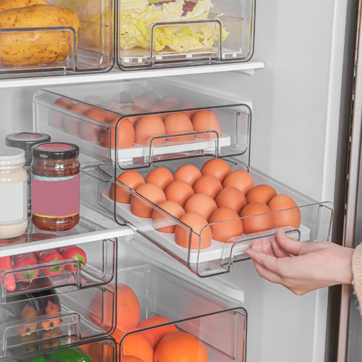 Cajón para Guardar Huevos de Doble Capa, 32 Compartimentos Pet | Organizador Huevos Frigorifico, Cajón Deslizante Transparente, Ventilación