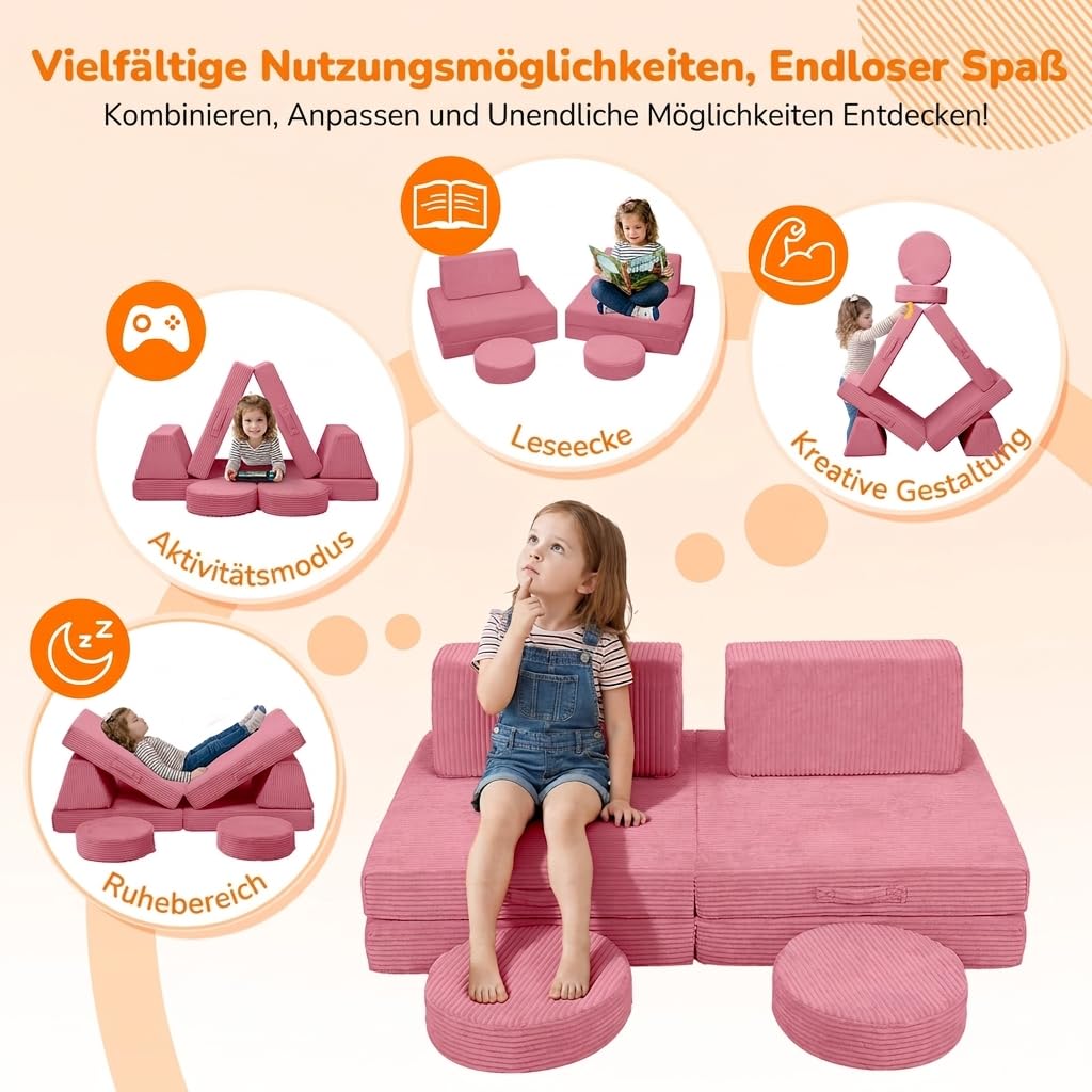 MeMoreCool Cord Spielsofa Kinder, Modulare Schaumstoff Couch Rosa | Weiche Schaumstoff Bausteine Couch für Kinder, Ideal als Kuschelecke und Kreativer Indoor-Spielplatz im Kinderzimmer