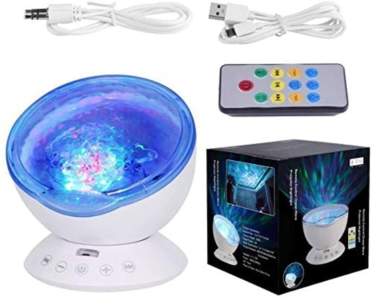 Remote Control Ocean Wave Projector 12 LED 7 Colours Night Light with Built-in Mini Music Player for Living Room and Bedroom