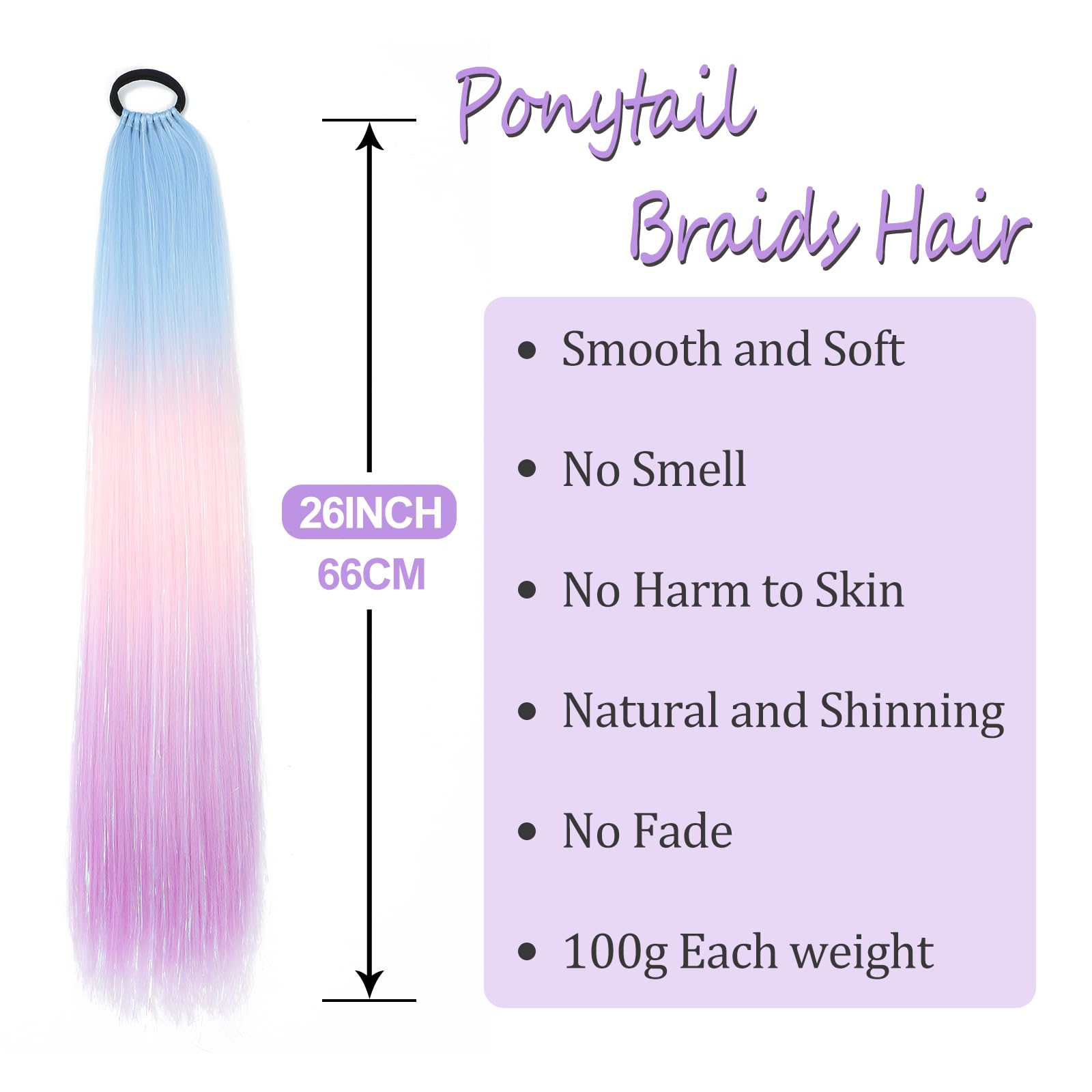 1 Packs 26 Inch Rainbow Ponytail Hair Extensions with Tinsel Hair for Jumbo Braiding Hair Extensions Soft Yaki Straight Synthetic Hair Glitter Ponytail for Girls DIY Box Braids (blue-pink-purple) - Image 2