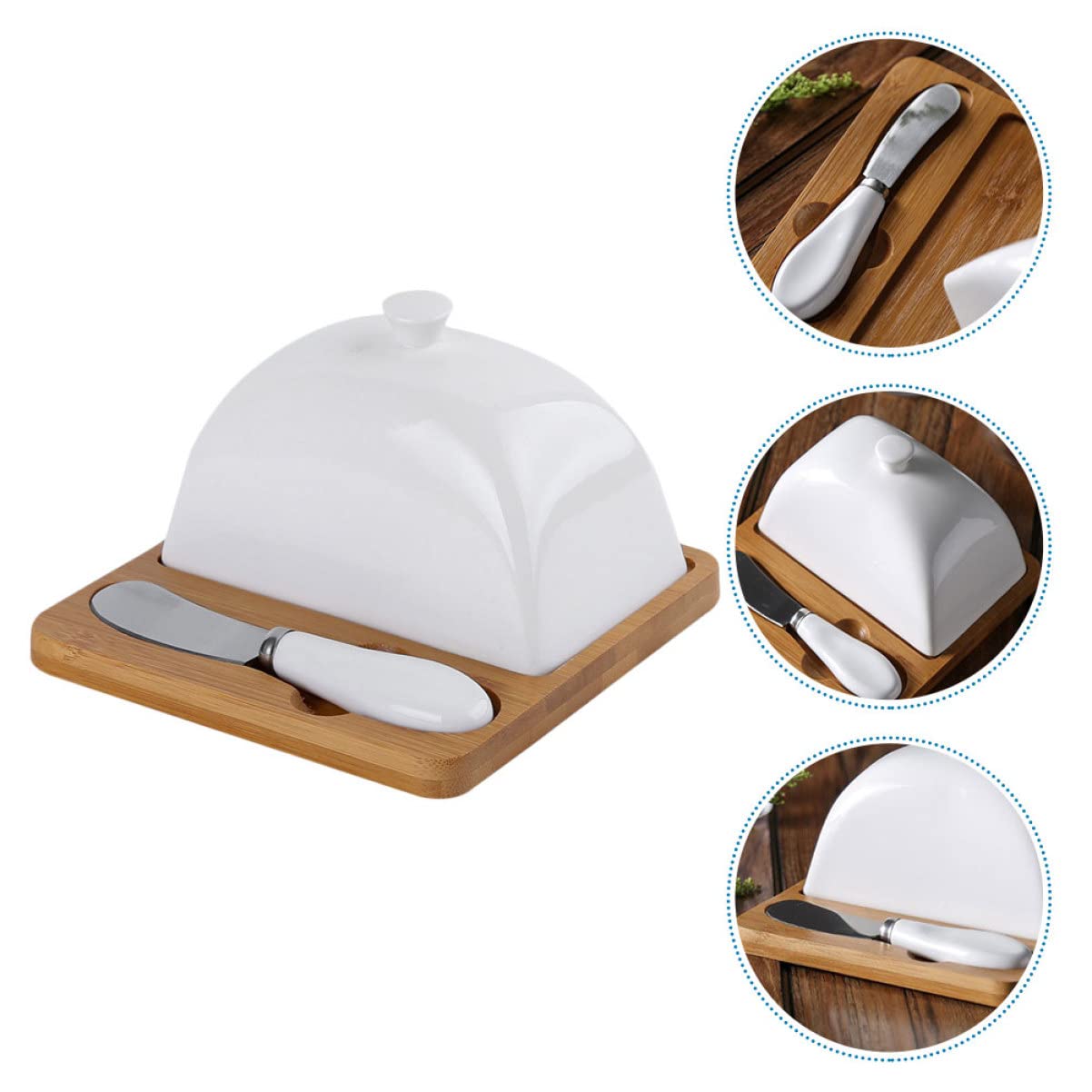MAGICLULU Beurrier en Céramique avec Couteau et Couvercle – Plat à Beurre 15 Cm en Porcelaine Semi-artisanale – Vaisselle Ménagère pour Maison – Rangement Beurre et Fromage – Set 3 Pièces