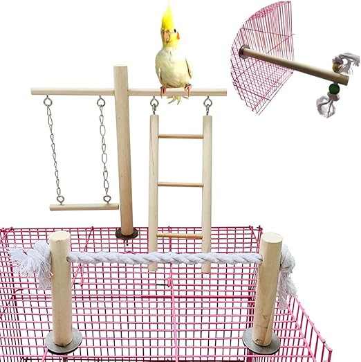 PINVNBY Bird Playground, Wood Parrot Parrot Play Gym Bird Play Stand Perch Bird Cage Accessories for Small and Medium Bird Parrot Parakeet Cockatiel Conure Love Birds Finch