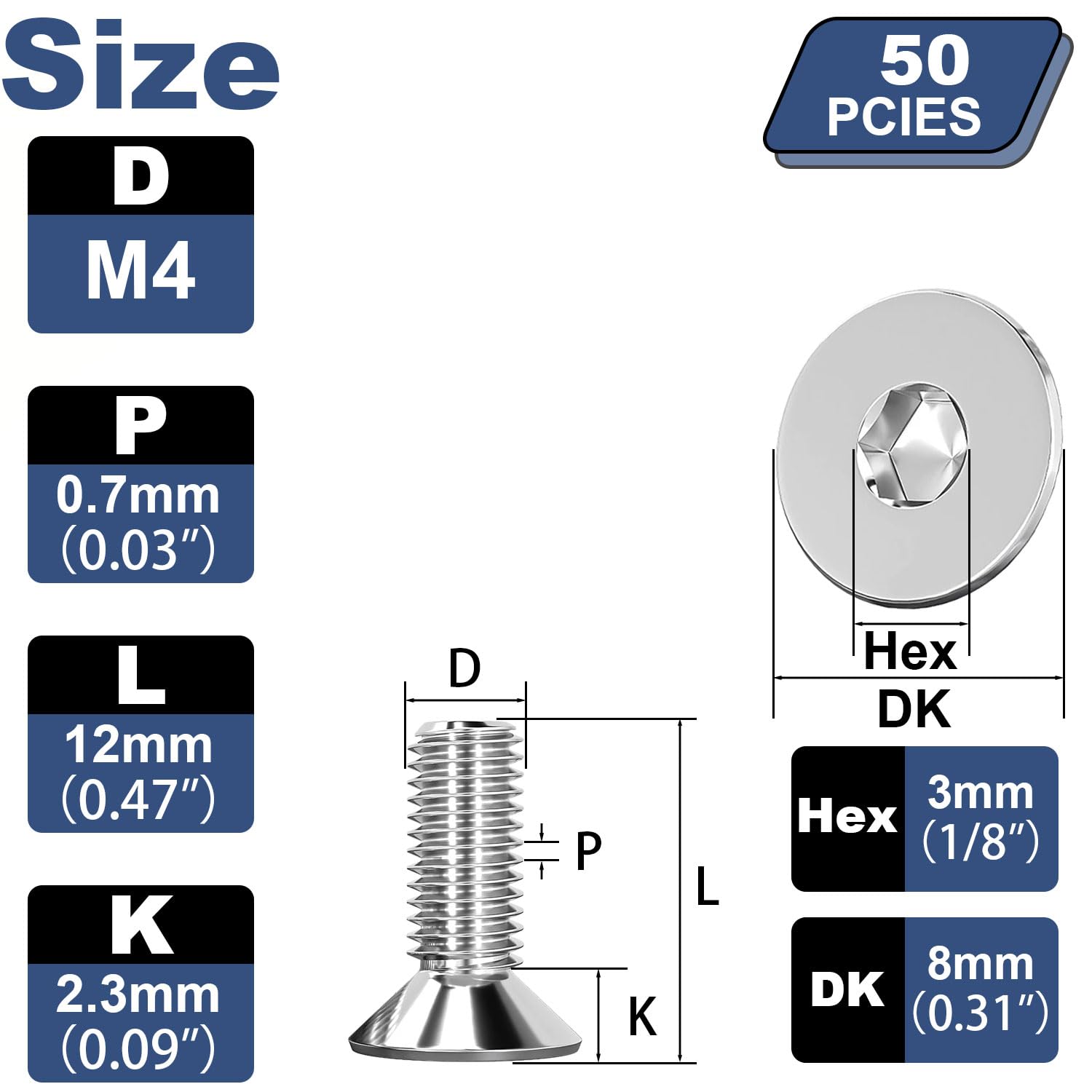 Humyu M4 Bolts, M4 Countersunk Bolts 12mm, 50Pcs 304 Stainless Steel Flat Head Hex Socket Cap Bolt, Full Thread Fasteners - Image 2