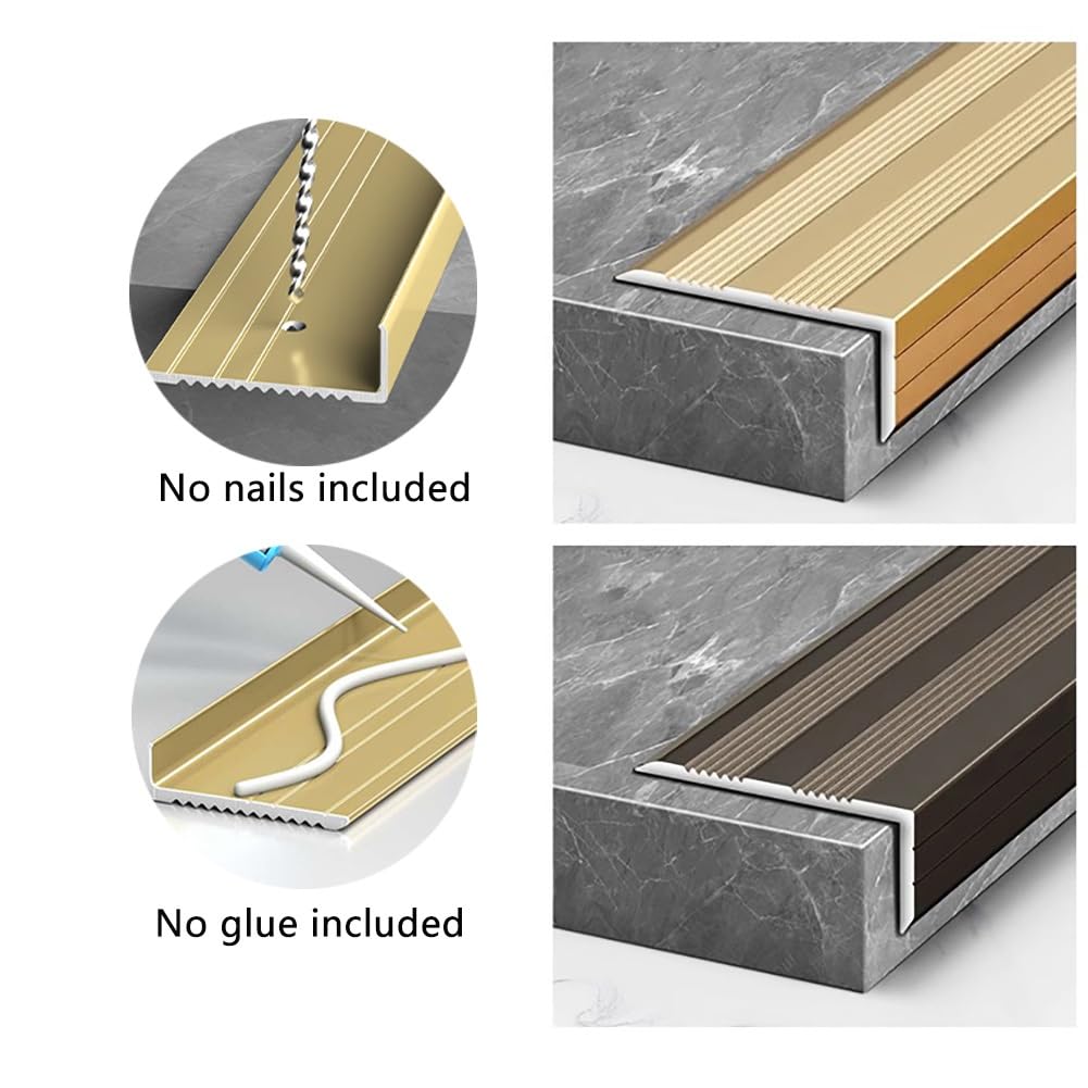Metalowe wykończenie krawędzi schodów, rowkowane aluminiowe stopnie schodowe w kształcie litery L Noski do wnętrz i na zewnątrz(Gold,90cm/35in)