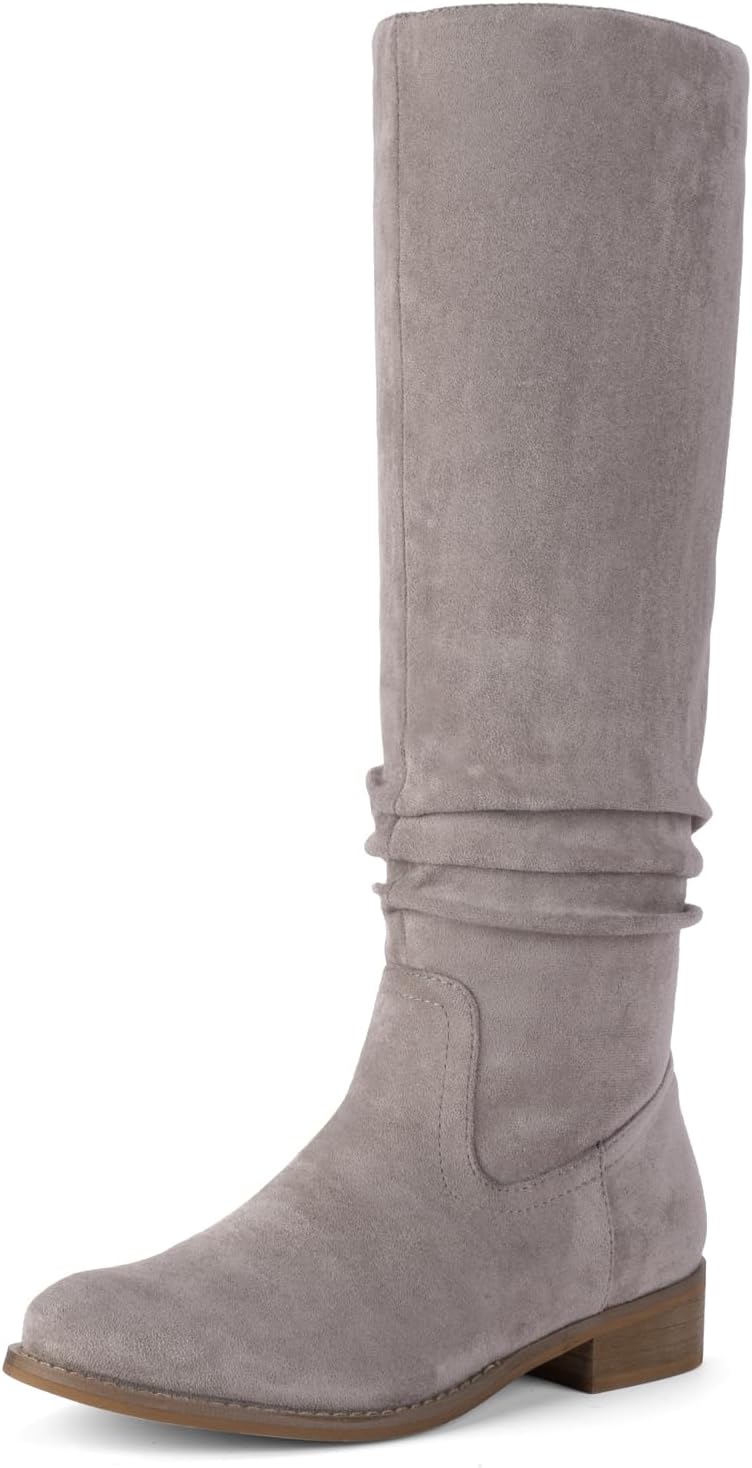 Shoe'N Tale Women's Knee High Boots Flat Low Heel Slouch Pointed Toe Winter Shoes with Side Zipper 7.5 Grey