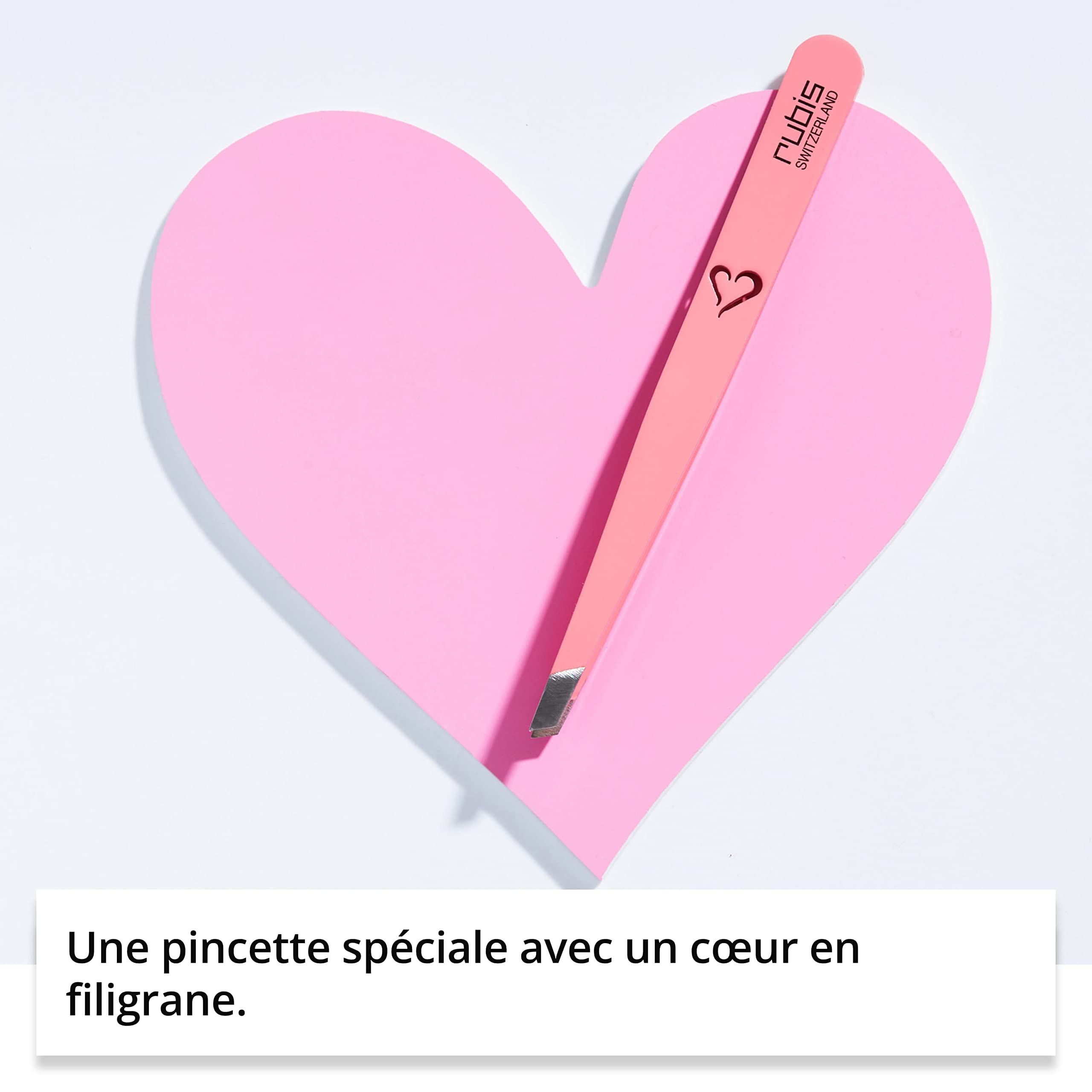 Pince à épiler Rubis en silhouette de cœur rose - inclinée, fine et pointue - professionnelle pour les sourcils