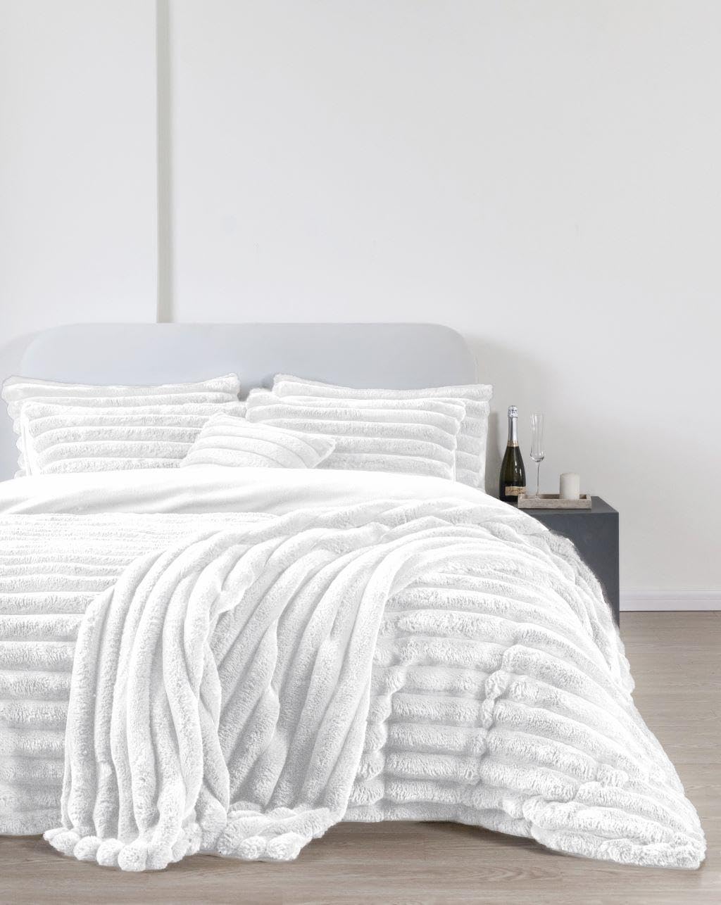 NIGHTZONE Big Cord Teddy Fleece Thermal Duvet Cover & Pillow Case Soft Warm Sofa Cosy Set (White, Double)