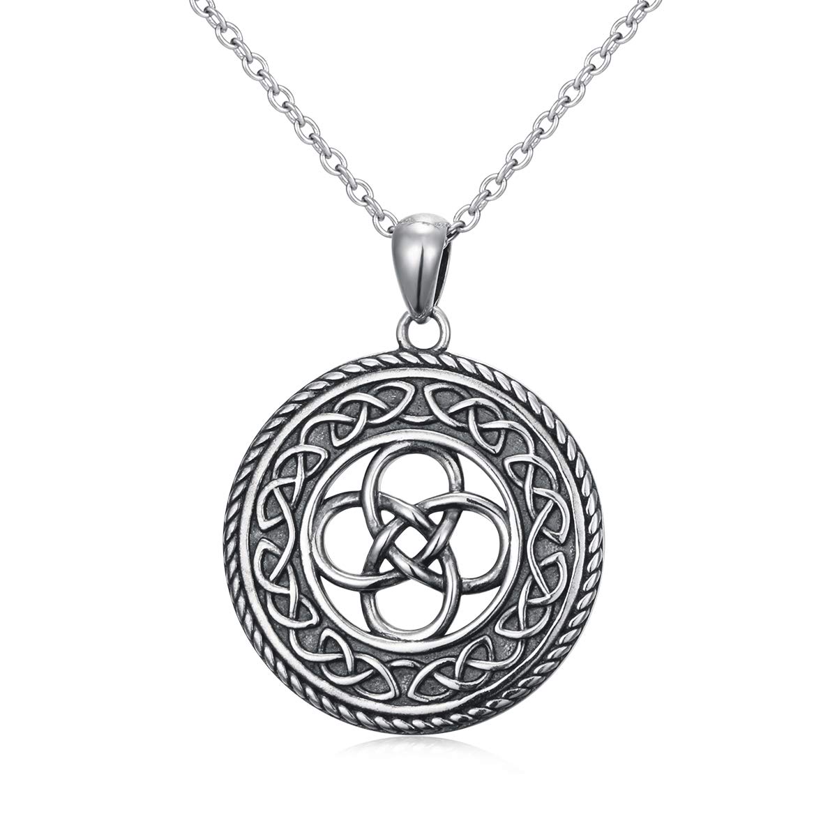 DAOCHONG 925 Sterling Silver Jewelry Oxidized Good Luck Irish Knot Celtic Medallion Round Pendant Necklace, 20 inch