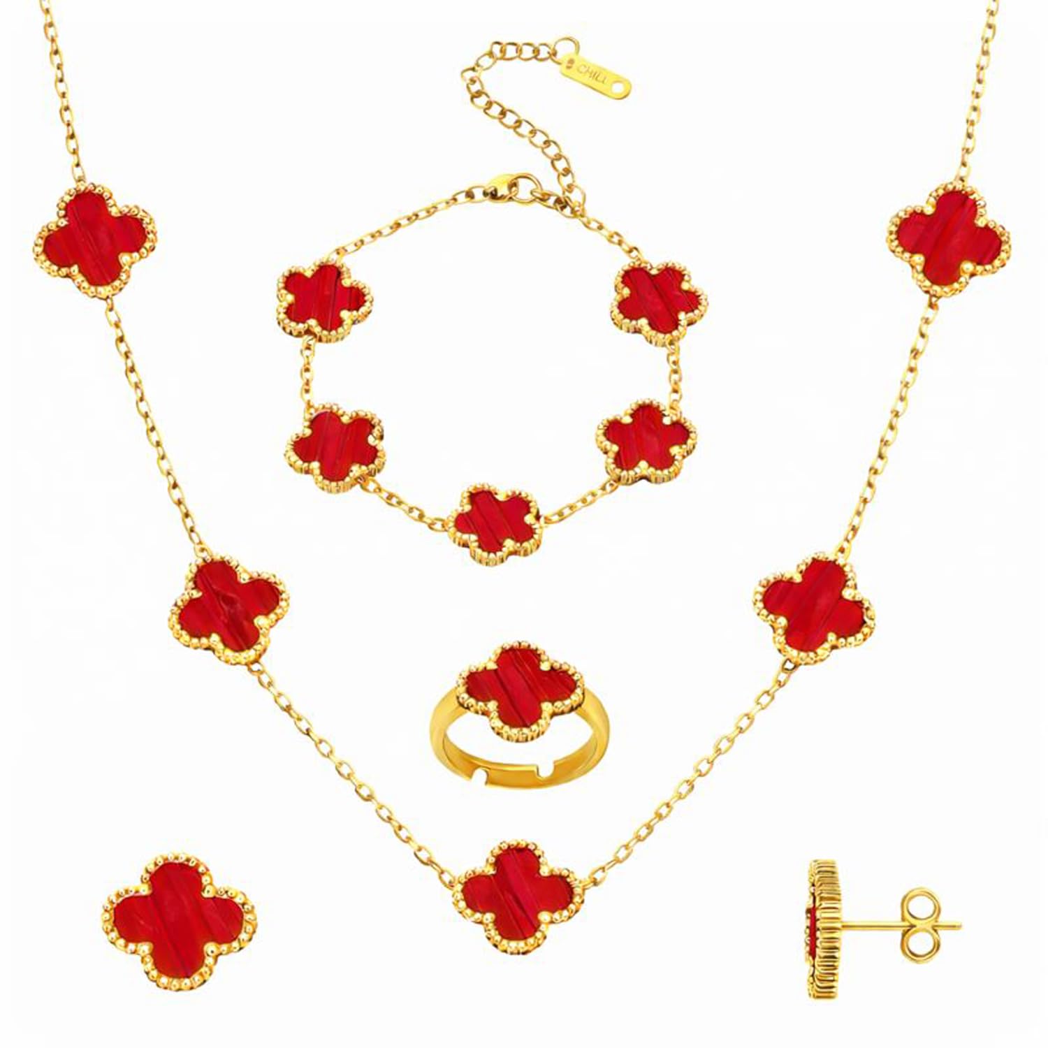 Gold Plated RED Clover Jewellery Set Combo for Women | Clover Design Necklace, Bracelet, Ring & Stud Earrings | Elegant Jewellery for Everyday Wear CO1000500RED-image-20