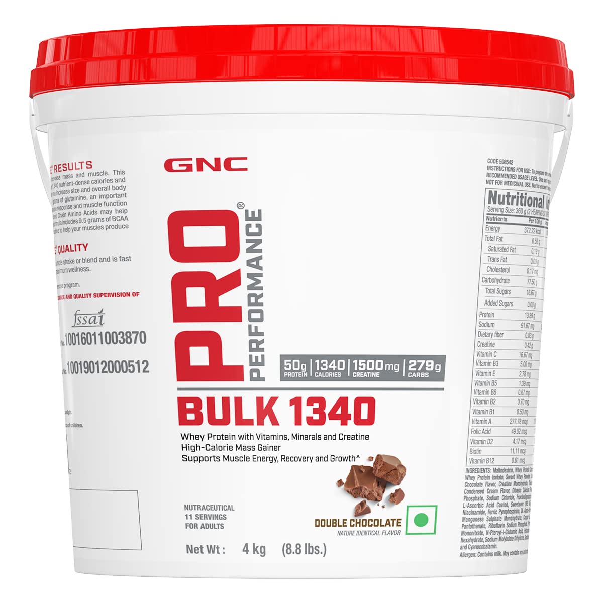 GNC Pro Performance Bulk 1340 | Protein-Carbs Ratio of 1:5 For Targeted Gains | Boosts Muscle Size | High Energy | 50g Protein | 279g Carbs | 1340 Cal | 1.5g Creatine | Double Chocolate | 4 kg