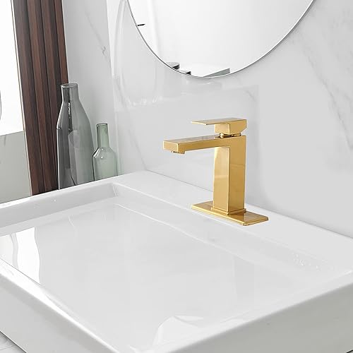 Miniatura 6 de BWE Grifo de baño de oro cepillado con un solo agujero, moderno de una sola manija, grifo de lavabo de latón con montaje de drenaje desplegable y