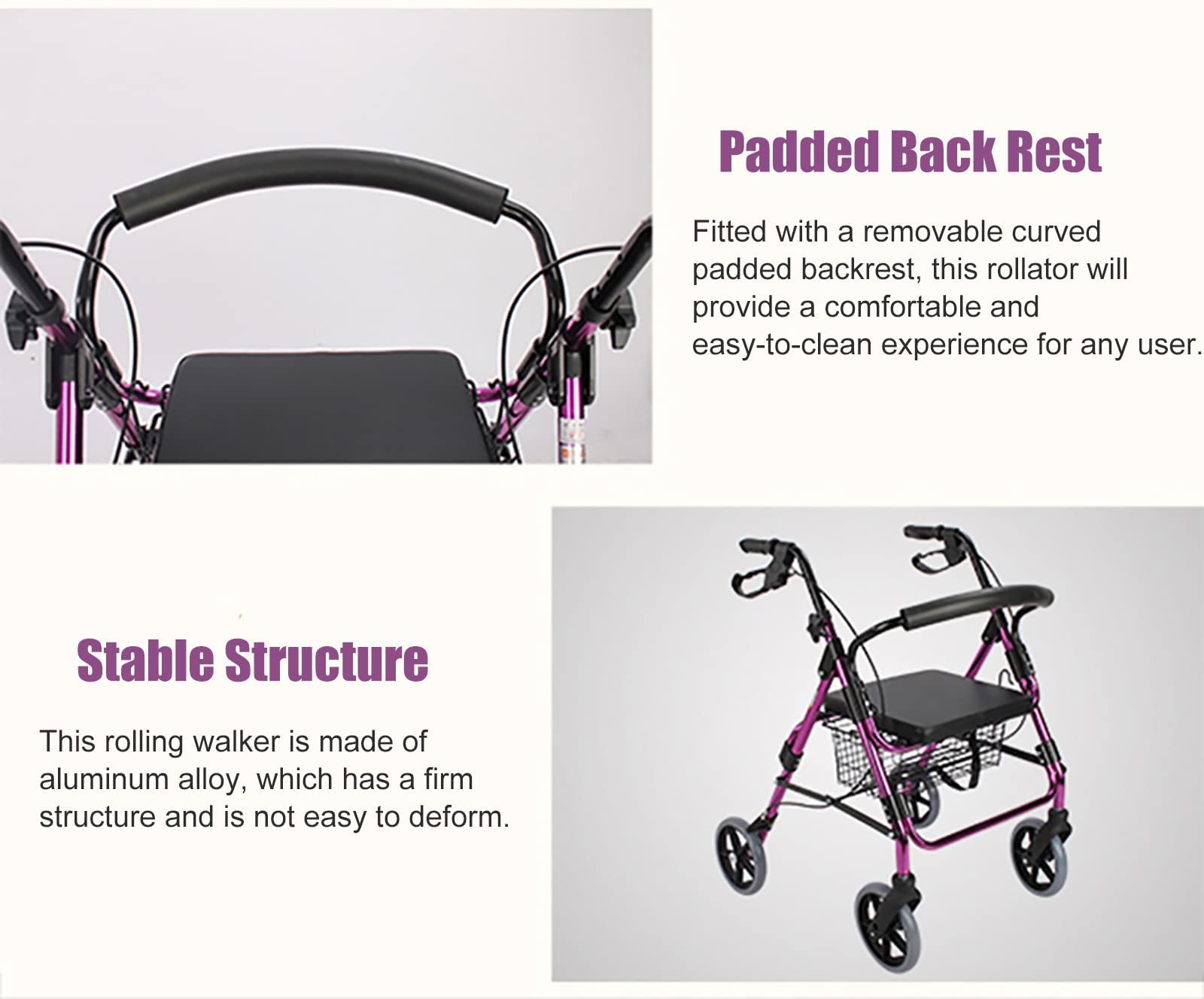 Andador Plegable con Ruedas, Altura Ajustable (150-185 cm), Capacidad de 100 kg, Cesta de Almacenamiento con Asiento, Frenos, Ruedas de 4 Pulgadas, Color Morado.