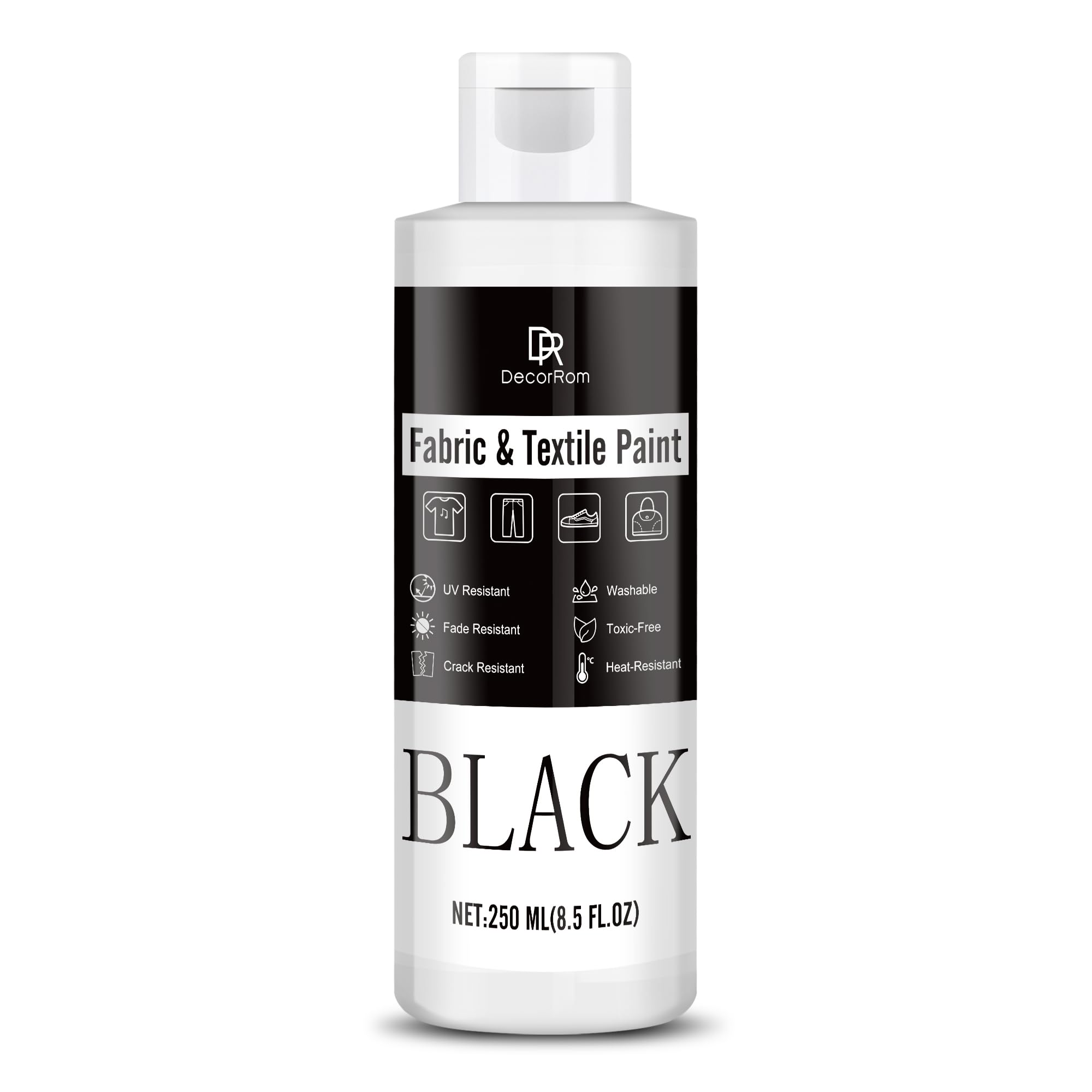 Black Fabric Paint - 8.5 oz Permanent, Non-Toxic Textile Paint for Clothes, DIY Fabric Painting on T-shirts, Shoes, Leather, Jeans, Bags, Canvas