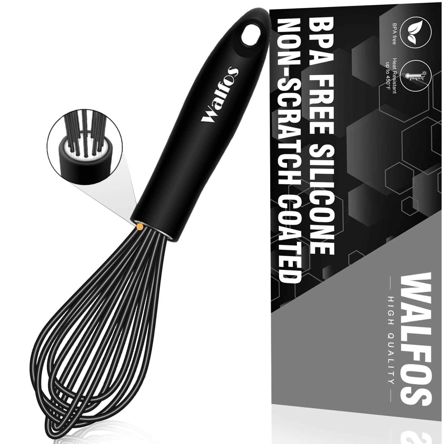 Walfos Silicone Whisk, Stainless Steel Wire Whisk - Heat Resistant Kitchen Whisks for Non-stick Cookware, Balloon Egg Beater Perfect for Blending, Whisking, Beating, Frothing & Stirring, 8.5", Black