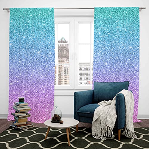 Feelyou Teal Pink Glitter Curtains For Girls Bedroom Rod Pocket Kids Sparkle Mermaid Curtains Girly Turquoise Pastel Window Treatment Drapes 42W X 63L Inches 2 Panels (No Glitter) #TOP2