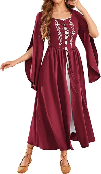 Scarlet Darkness Women's Medieval Renaissance Costume Dress Long Bell Sleeve Embroidery Cosplay Overdress