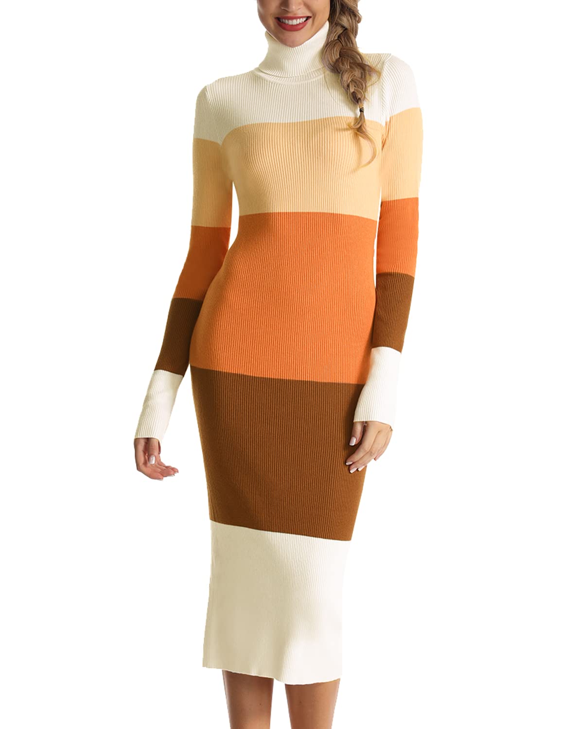 Rocorose Women's Turtleneck Ribbed Elbow Long Sleeve Knit Sweater Dress