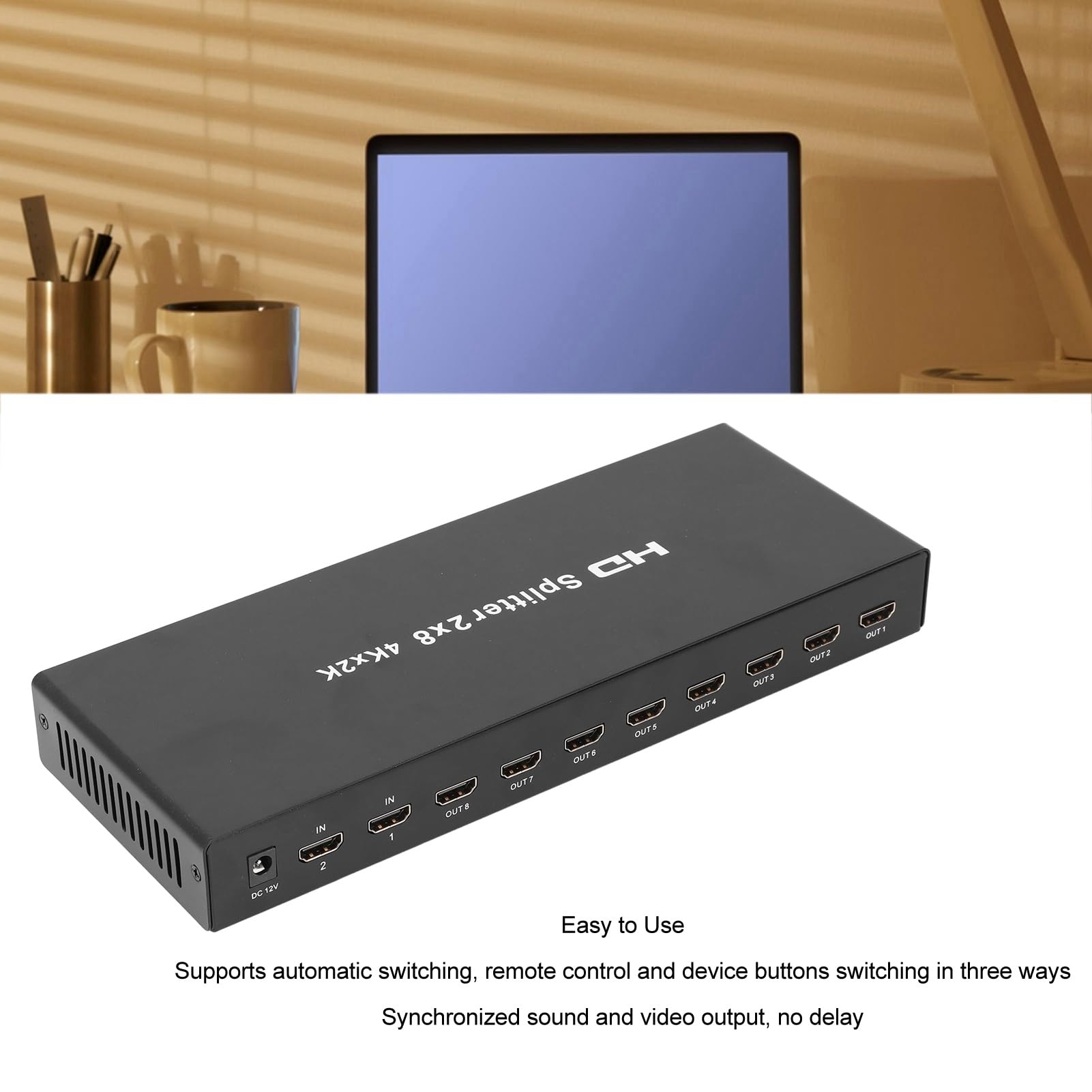 Splitter HDMI 2 in 8 uscite, splitter HDMI 4K, selettore di video con telecomando, splitter HDMI per proiettore, computer, PC, laptop, TV (EU)