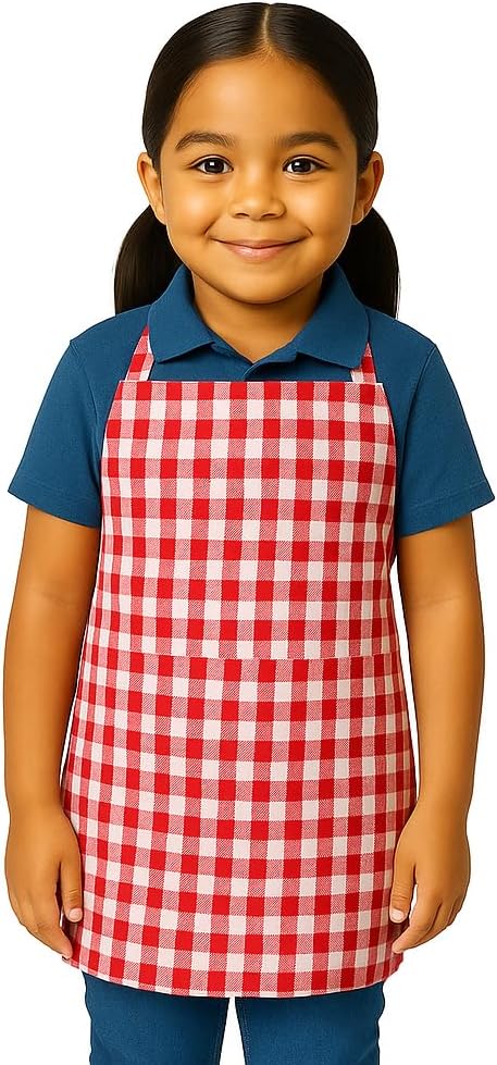 Kids Checkered Apron|Adjustable Neck Strap| Ideal for Cooking, Baking, Painting & School Activities|Unisex |Cotton Chef Children Apron for Boys & Girls|Select Size as per Kid's Age|Pack of 1