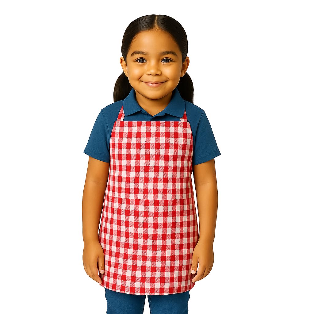Kids Checkered Apron|Adjustable Neck Strap| Ideal for Cooking, Baking, Painting & School Activities|Unisex |Cotton Chef Children Apron for Boys & Girls|Select Size as per Kid's Age|Pack of 1