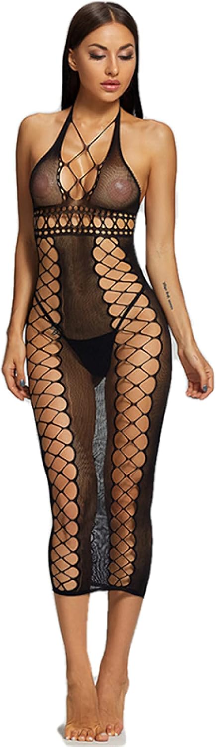 Nightwear Lingerie Temptation Stockings Transparent Hollow Open Back Sling Mesh Shirt