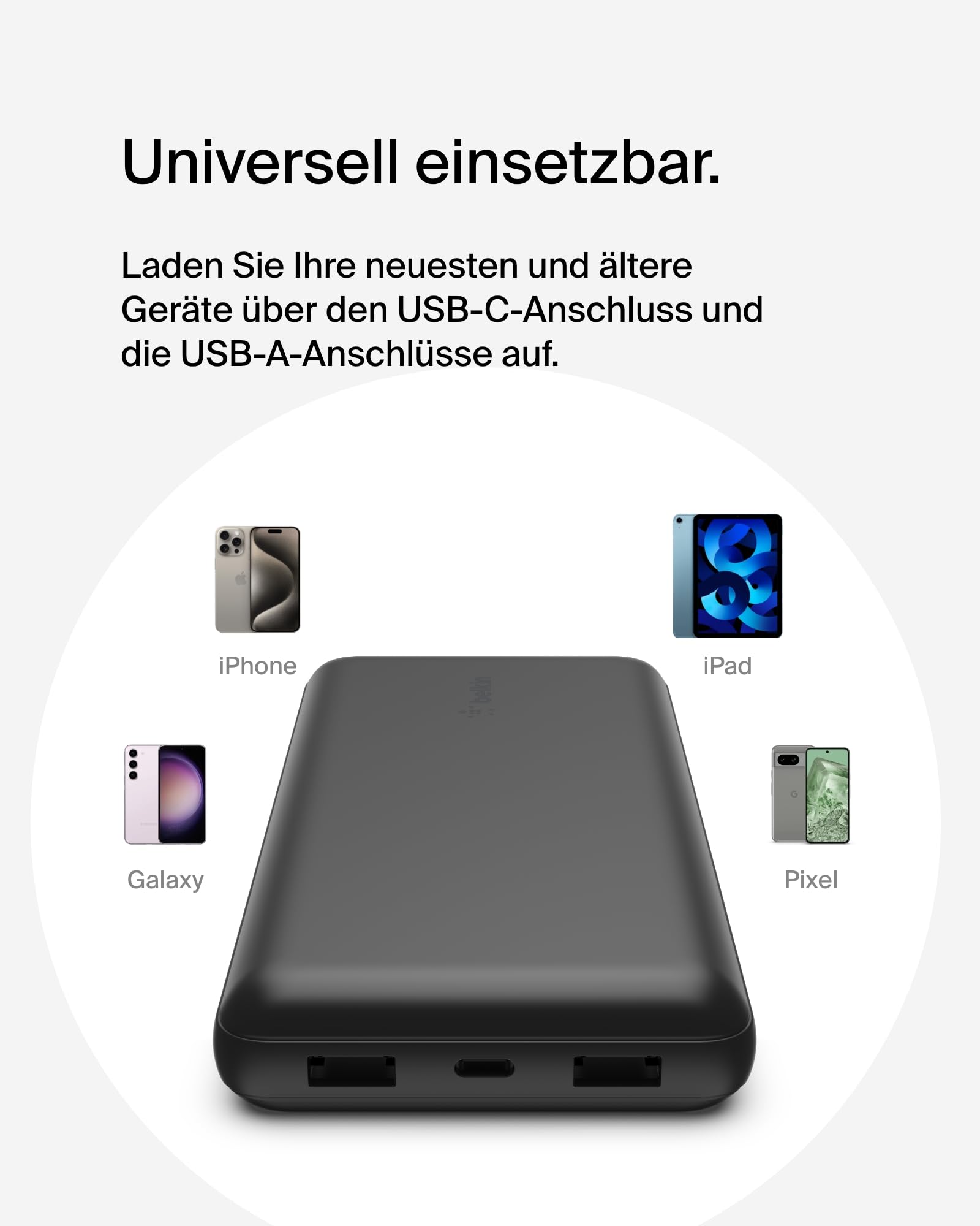 Belkin tragbares -Ladegerät, 20.000mAh, 20K Powerbank mit -Ein-/Ausgang und 2 USB-A-Anschlüssen mit USB-C/USB-A-Kabel für iPhone, Galaxy, Pixel, iPad, AirPods und andere Geräte – Schwarz