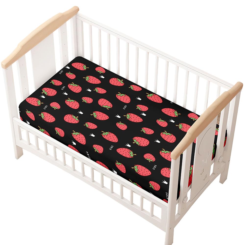 Odot Cot Bed Sheets, Strawberry Print Bedside Cribs Fitted Sheets, Baby Bed Sheets Microfiber Cot Bed Mattress Protector, Bassinet Sheets, Easy Care Soft and Dureable (55x90 cm,black)