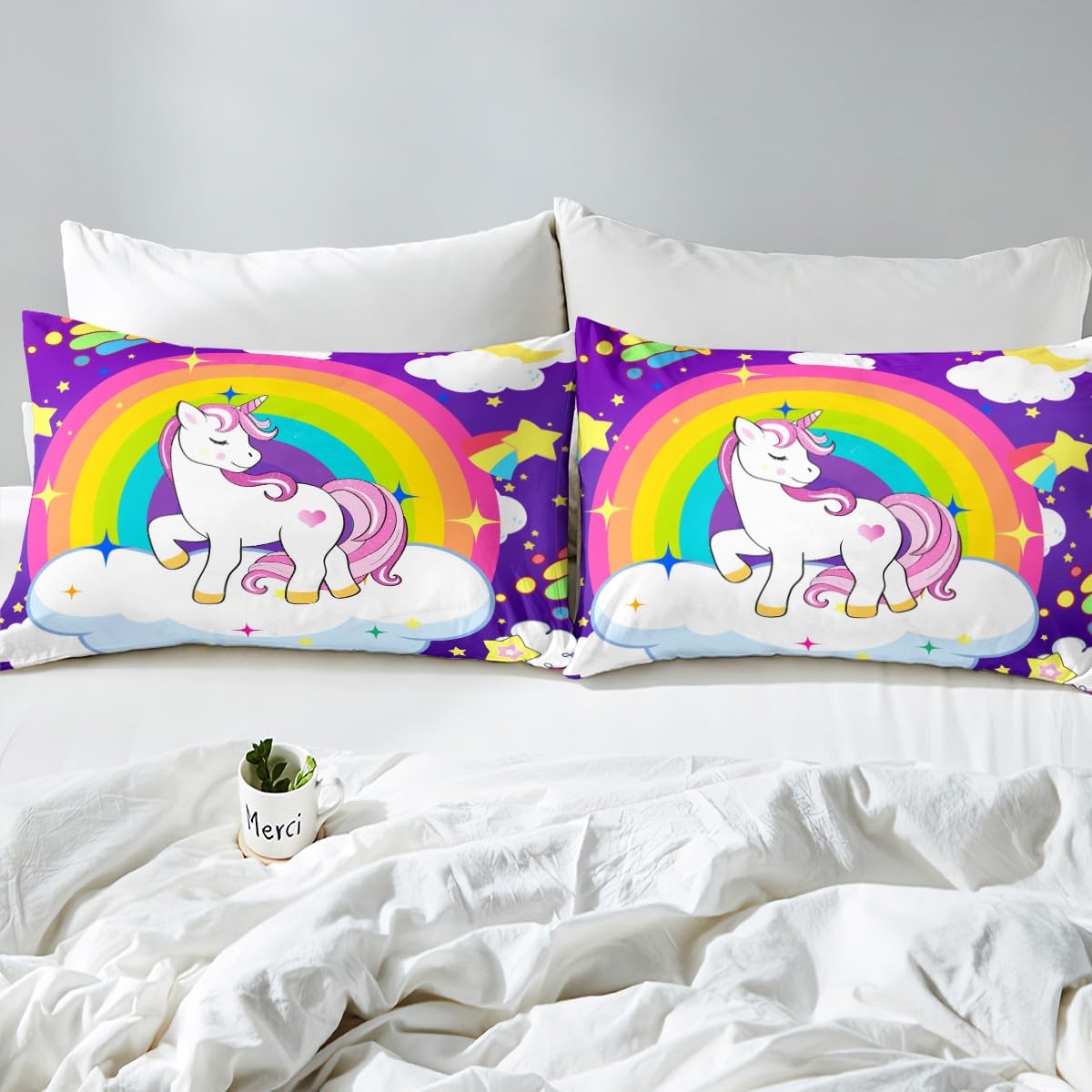 Juego de sábanas de unicornio arcoíris con bolsillo profundo, juego de sábanas de unicornio arcoíris, galaxia y estrellas, juego de sábanas de fantasía para niños y niñas, juego de ropa de cama de