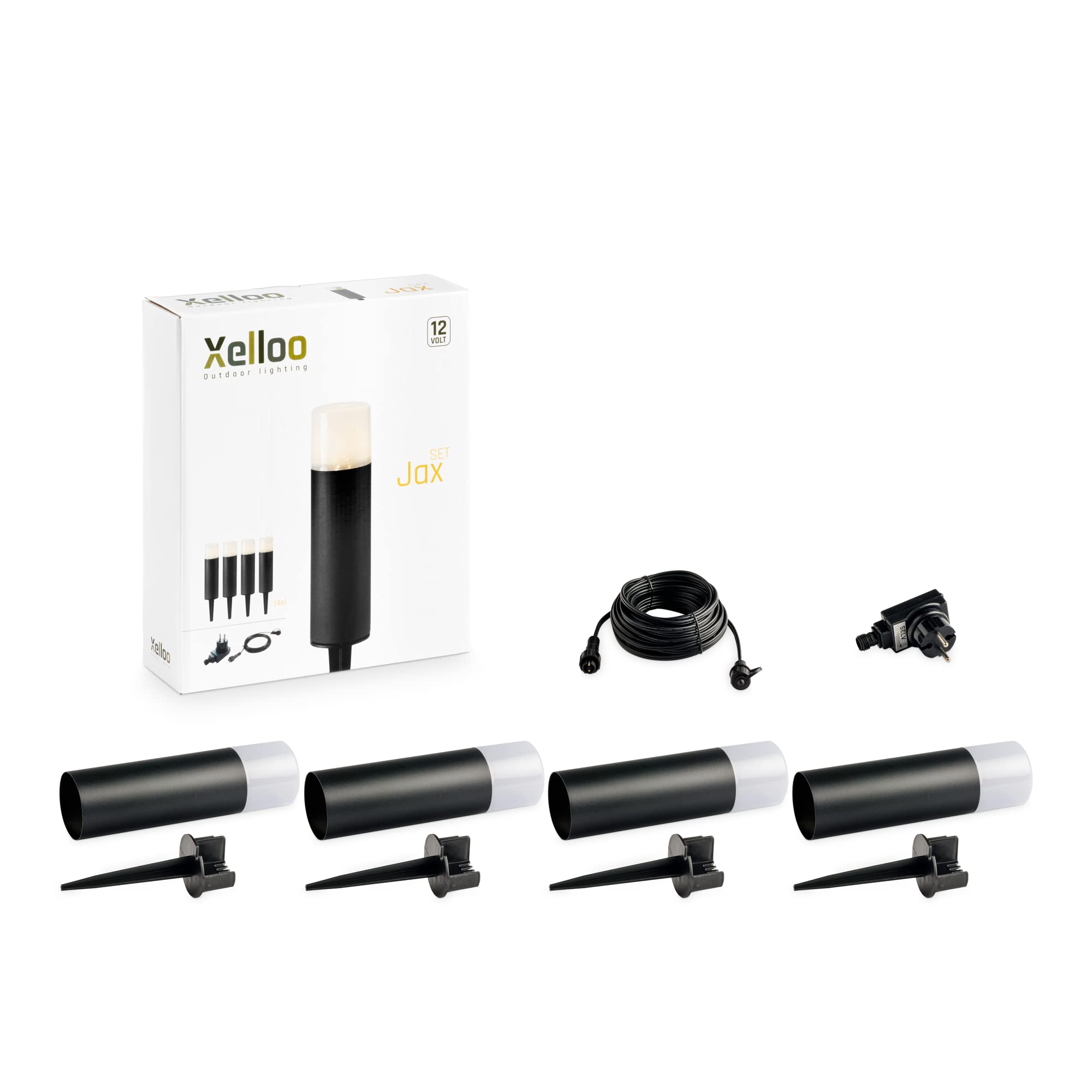 Xelloo 12V Gartenleuchten Set 4 Stück Aluminium PVC 1W LED warmweiß IP44 Schwarz