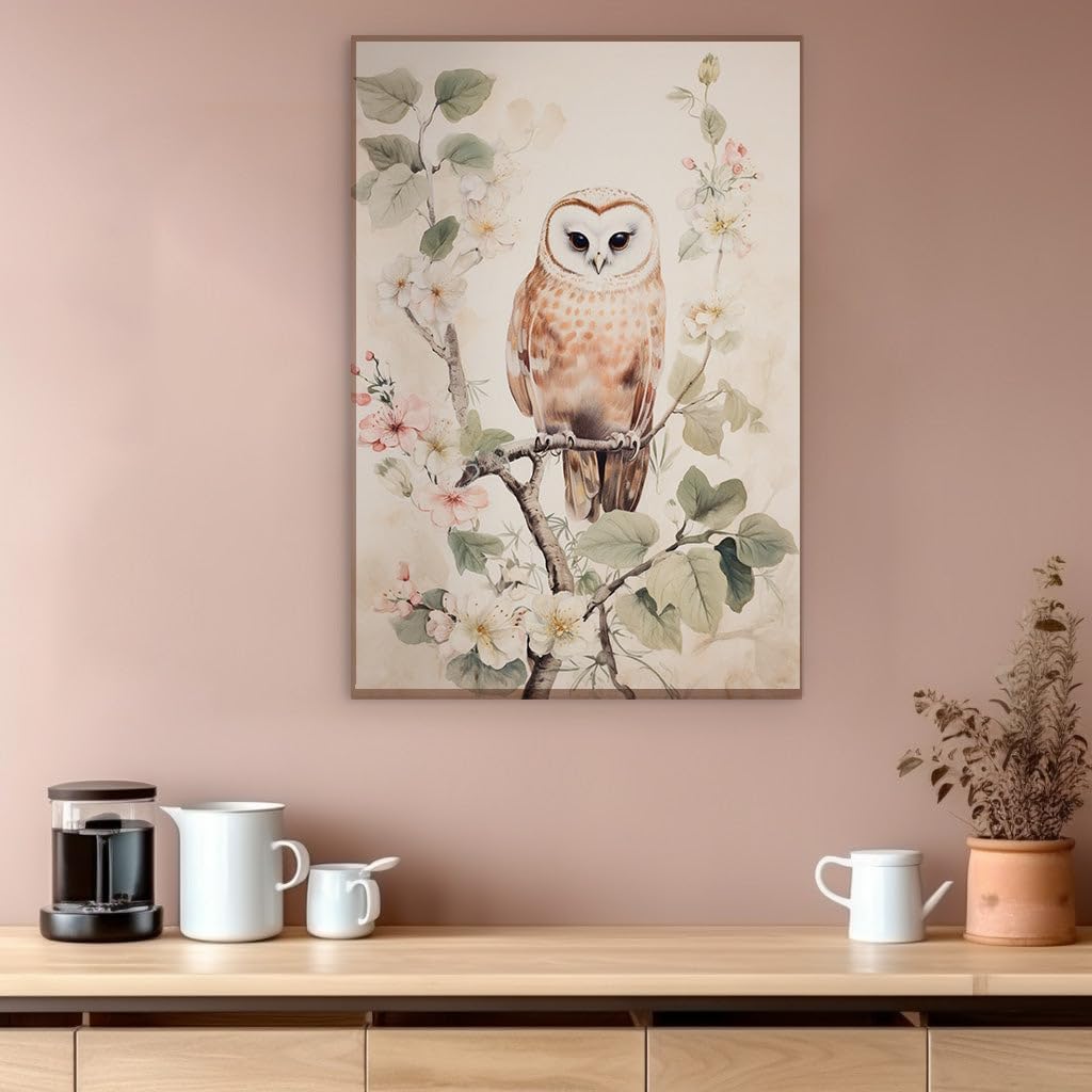 Canvas for Living room. Whimsical Watcher Amidst Blossoms � An Owl's Serene Perch, 27 x 18 inch Canvas Wall Art - Expansive Panoramas - Nature Home Decor - 69x46 cm (27x18 inch)
